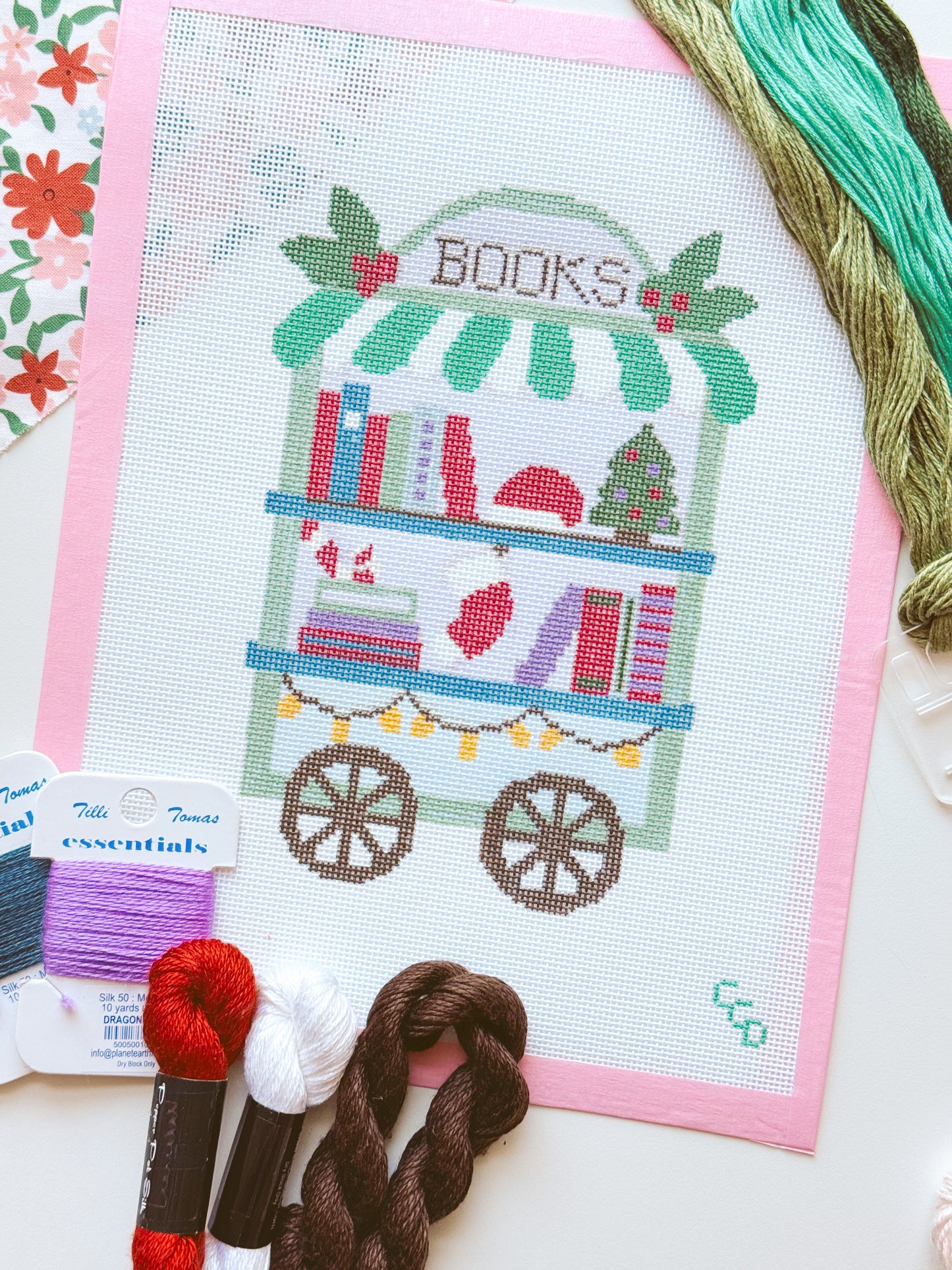Christmas Book Trolley Cart Needlepoint Canvas 18 Mesh 5”x7” Design, Modern Christmas Bookish Neexlepoint