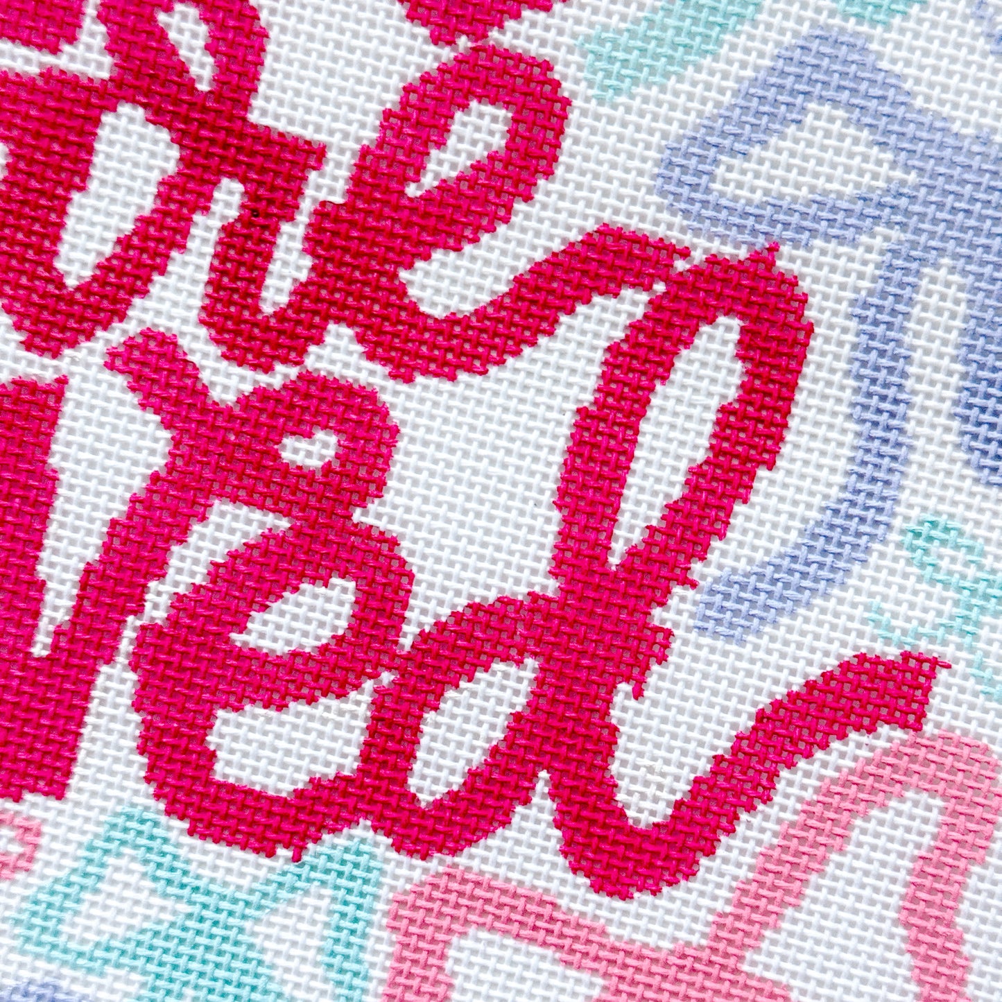 You Are Loved Needlepoint Canvas – 18 Mesh Zweigart Mono Deluxe, 8x8.2" Design on 12x12.2" Hand-Painted Pastel Bow Quote