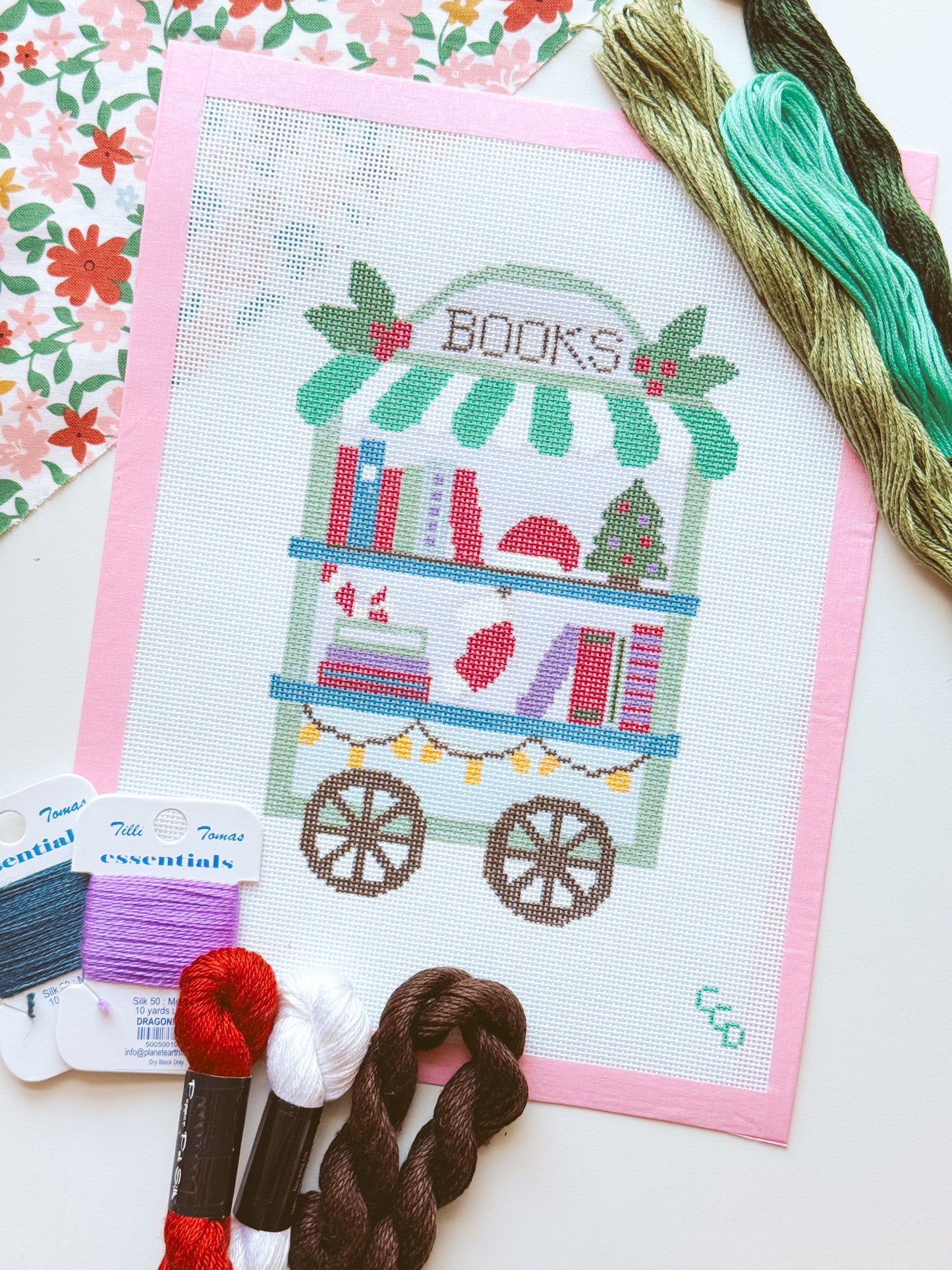 Christmas Book Trolley Cart Needlepoint Canvas 18 Mesh 5”x7” Design, Modern Christmas Bookish Neexlepoint