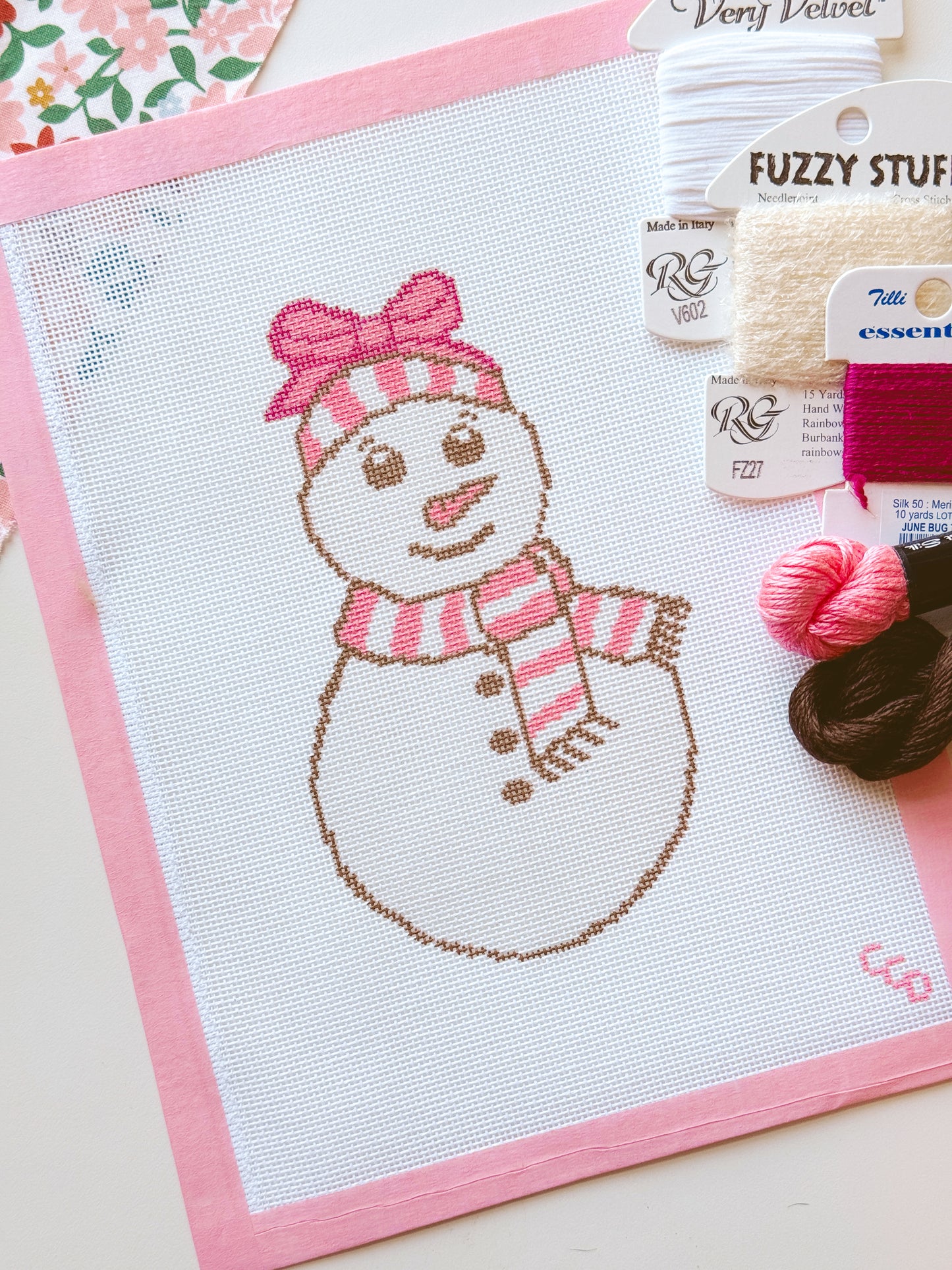 Pink Snowman Needlepoint Canvas 18 Mesh 4”x7” Design, Modern Winter Snowman Needlepoint