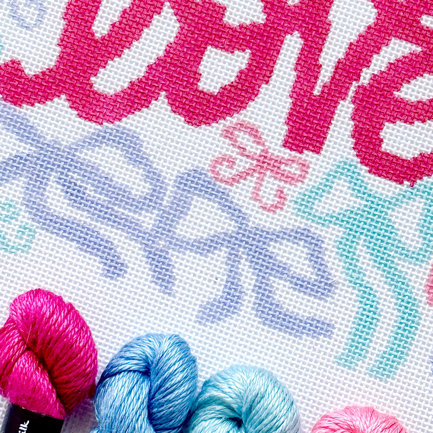 You Are Loved Needlepoint Canvas – 18 Mesh Zweigart Mono Deluxe, 8x8.2" Design on 12x12.2" Hand-Painted Pastel Bow Quote