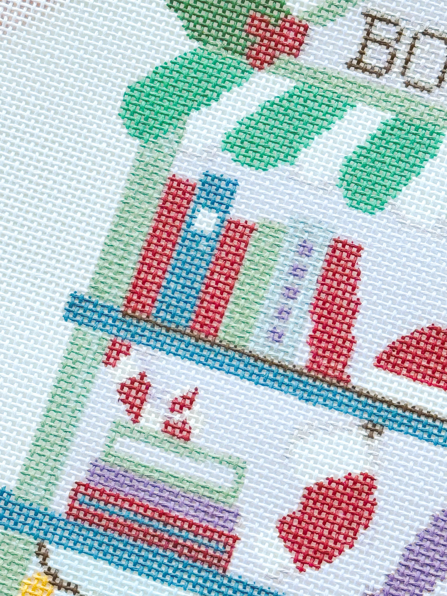 Christmas Book Trolley Cart Needlepoint Canvas 18 Mesh 5”x7” Design, Modern Christmas Bookish Neexlepoint