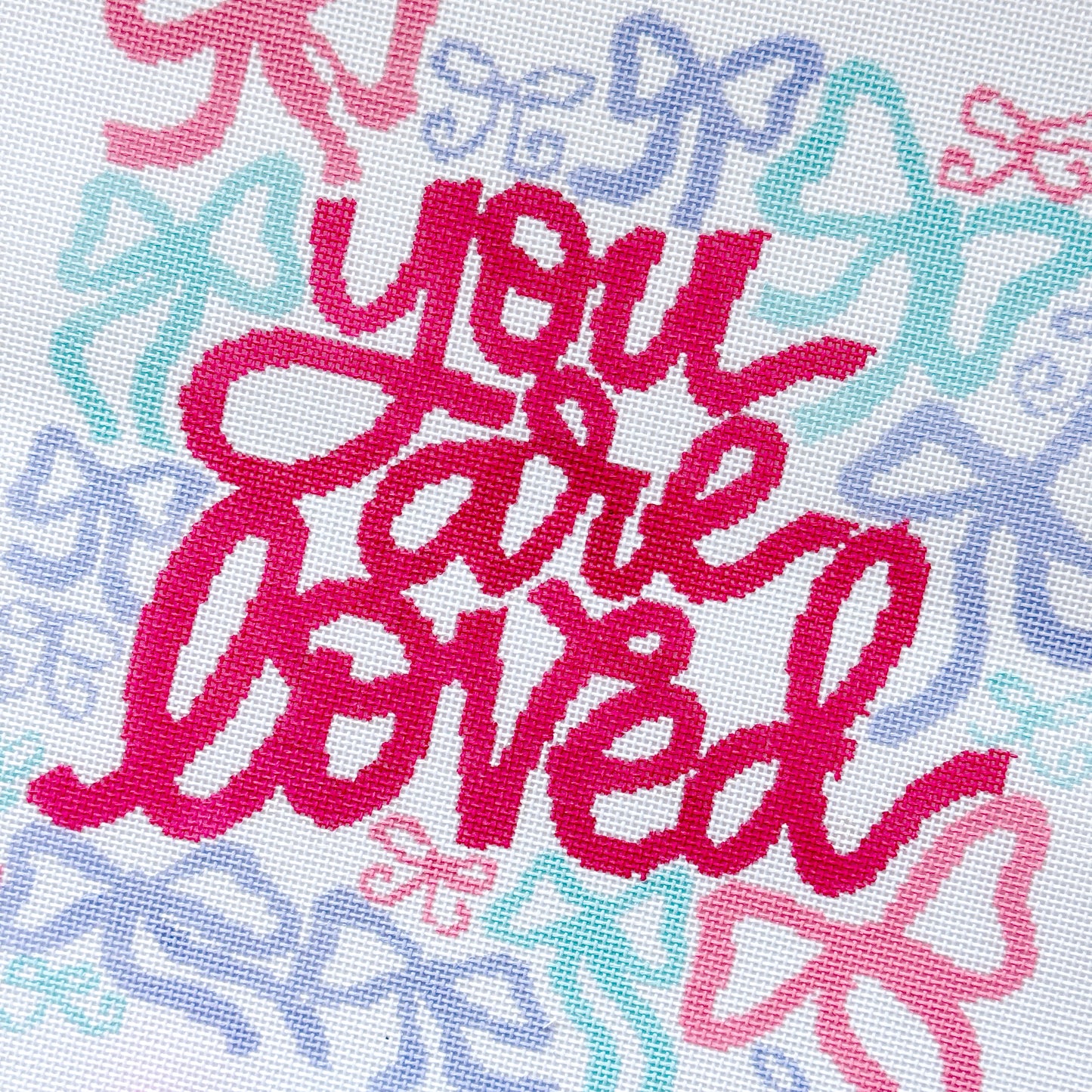 You Are Loved Needlepoint Canvas – 18 Mesh Zweigart Mono Deluxe, 8x8.2" Design on 12x12.2" Hand-Painted Pastel Bow Quote