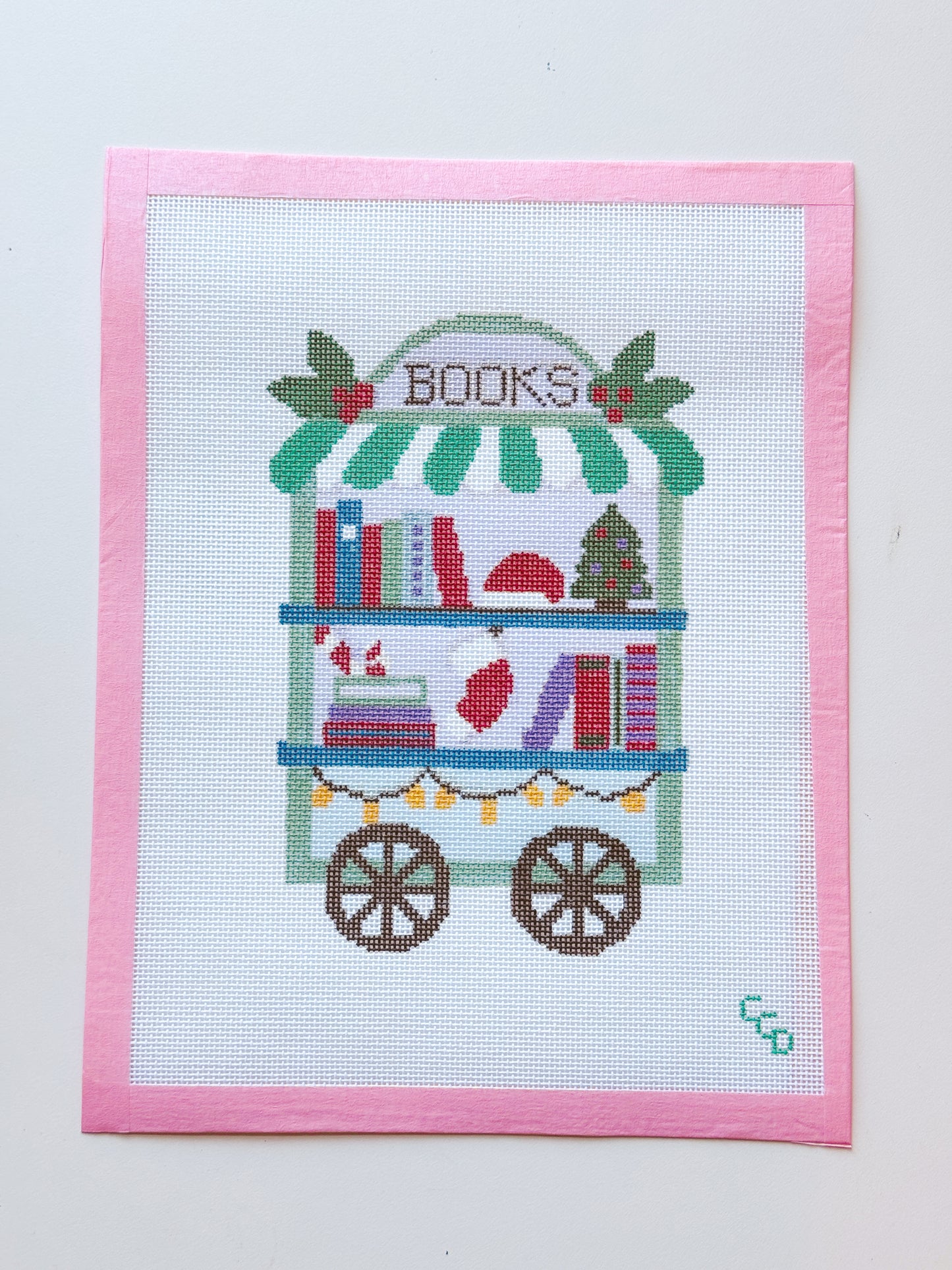 Christmas Book Trolley Cart Needlepoint Canvas 18 Mesh 5”x7” Design, Modern Christmas Bookish Neexlepoint