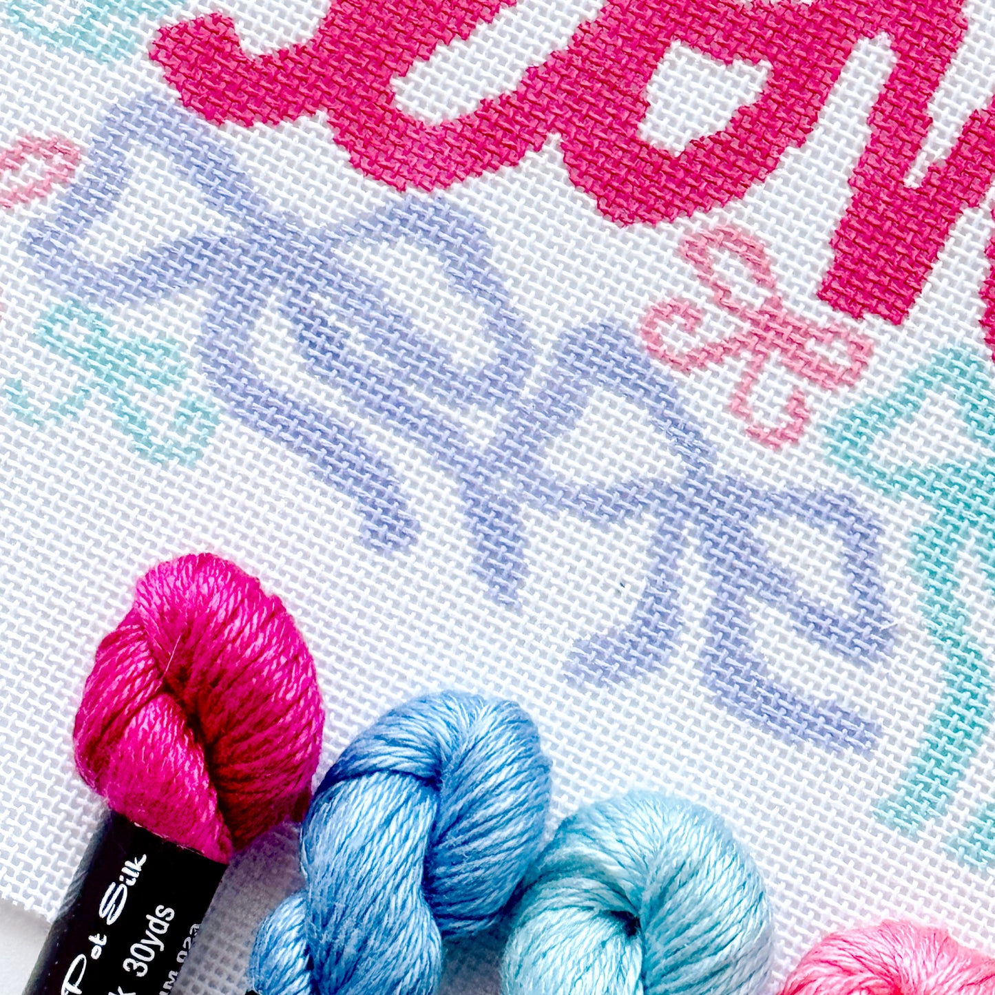 You Are Loved Needlepoint Canvas – 18 Mesh Zweigart Mono Deluxe, 8x8.2" Design on 12x12.2" Hand-Painted Pastel Bow Quote