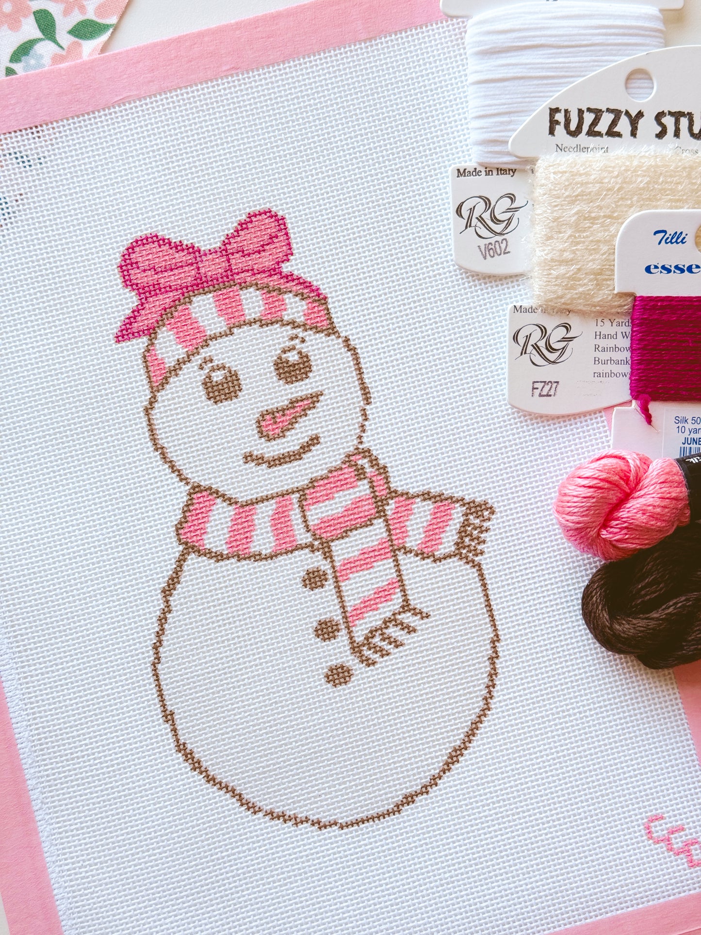 Pink Snowman Needlepoint Canvas 18 Mesh 4”x7” Design, Modern Winter Snowman Needlepoint