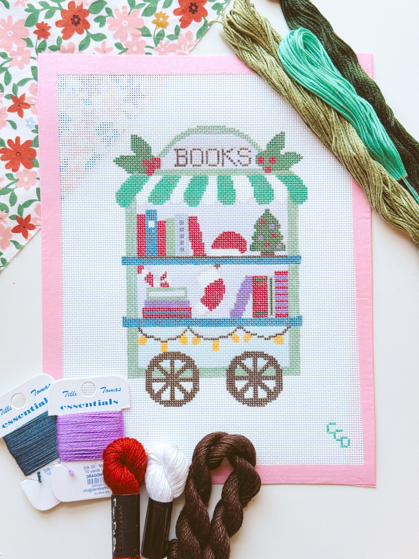 Christmas Book Trolley Cart Needlepoint Canvas 18 Mesh 5”x7” Design, Modern Christmas Bookish Neexlepoint