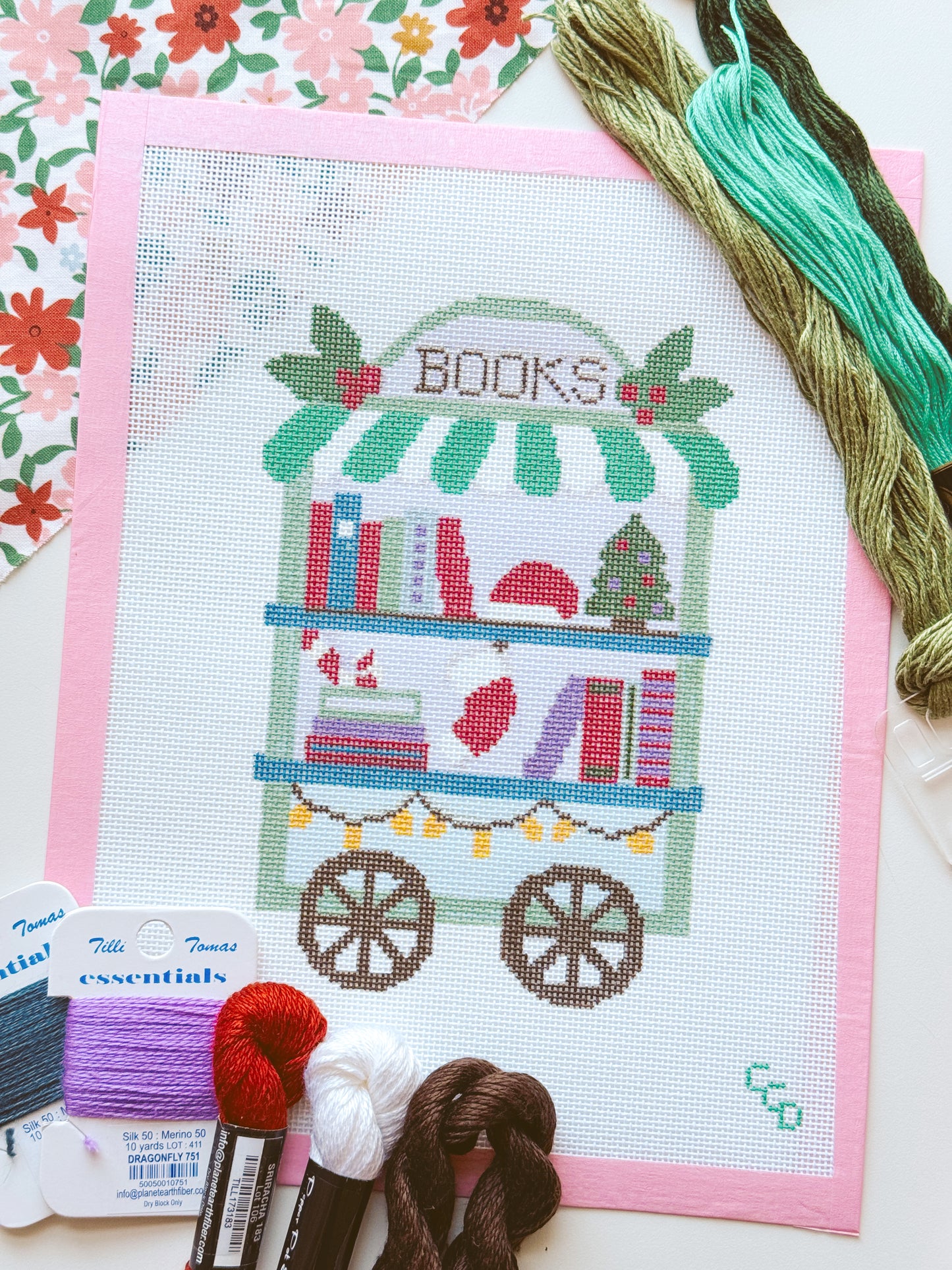 Christmas Book Trolley Cart Needlepoint Canvas 18 Mesh 5”x7” Design, Modern Christmas Bookish Neexlepoint