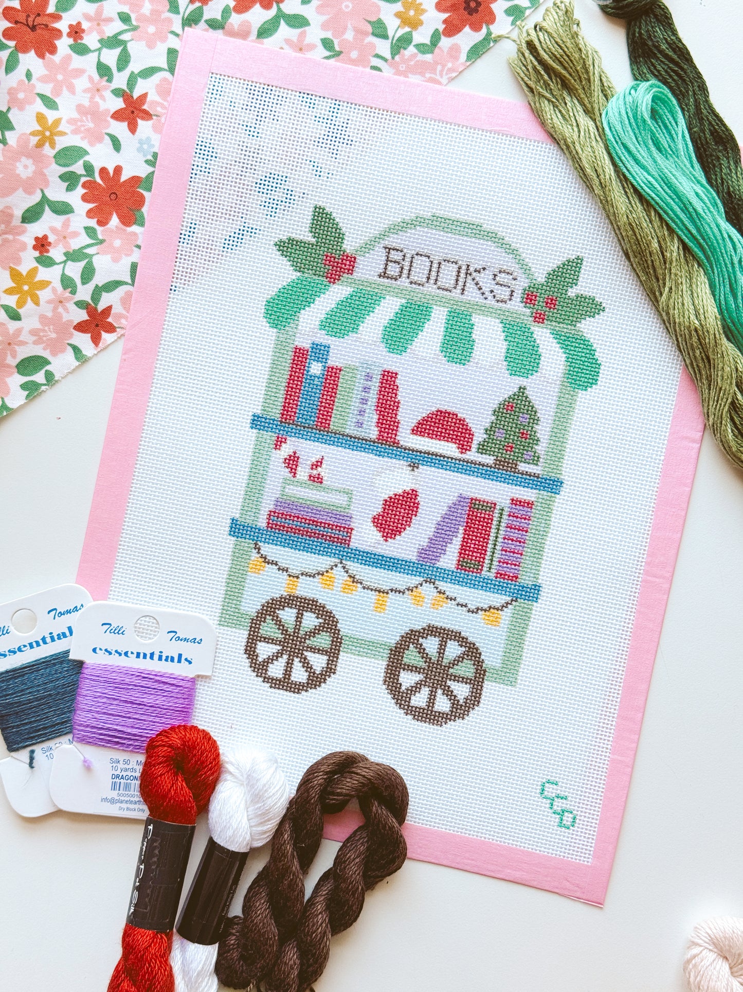 Christmas Book Trolley Cart Needlepoint Canvas 18 Mesh 5”x7” Design, Modern Christmas Bookish Neexlepoint
