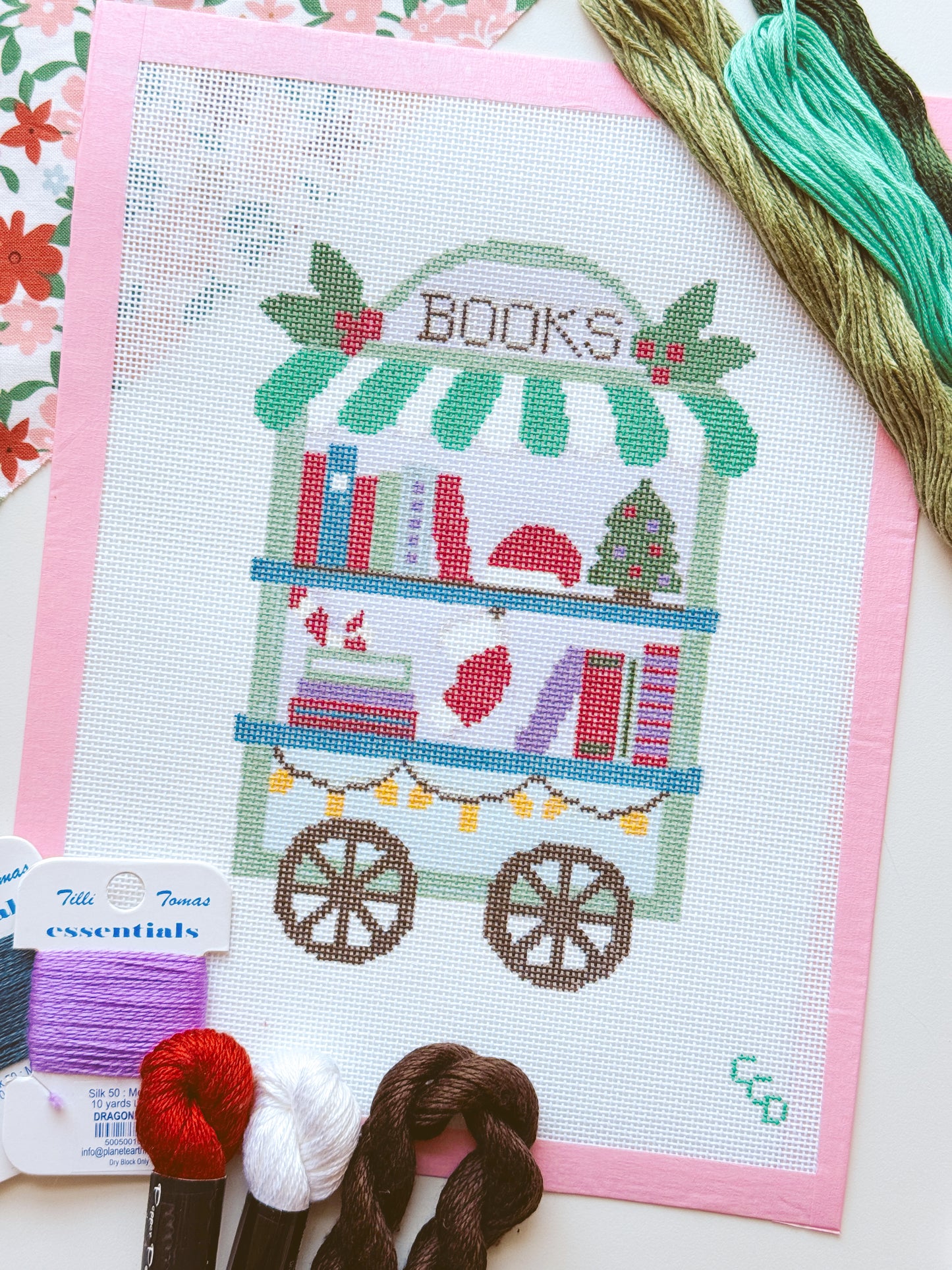Christmas Book Trolley Cart Needlepoint Canvas 18 Mesh 5”x7” Design, Modern Christmas Bookish Neexlepoint