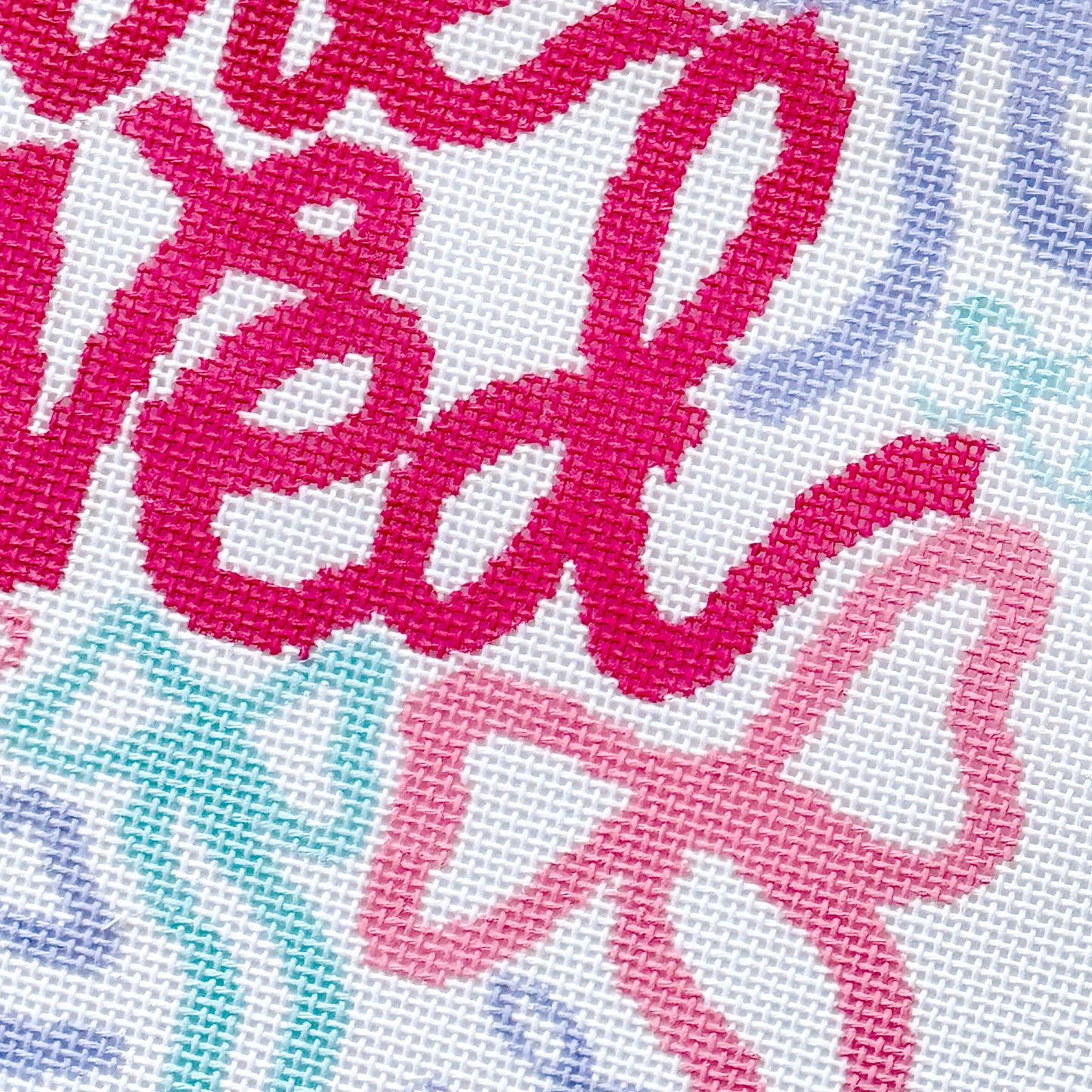 You Are Loved Needlepoint Canvas – 18 Mesh Zweigart Mono Deluxe, 8x8.2" Design on 12x12.2" Hand-Painted Pastel Bow Quote