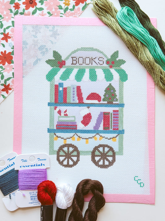 Christmas Book Trolley Cart Needlepoint Canvas 18 Mesh 5”x7” Design, Modern Christmas Bookish Neexlepoint