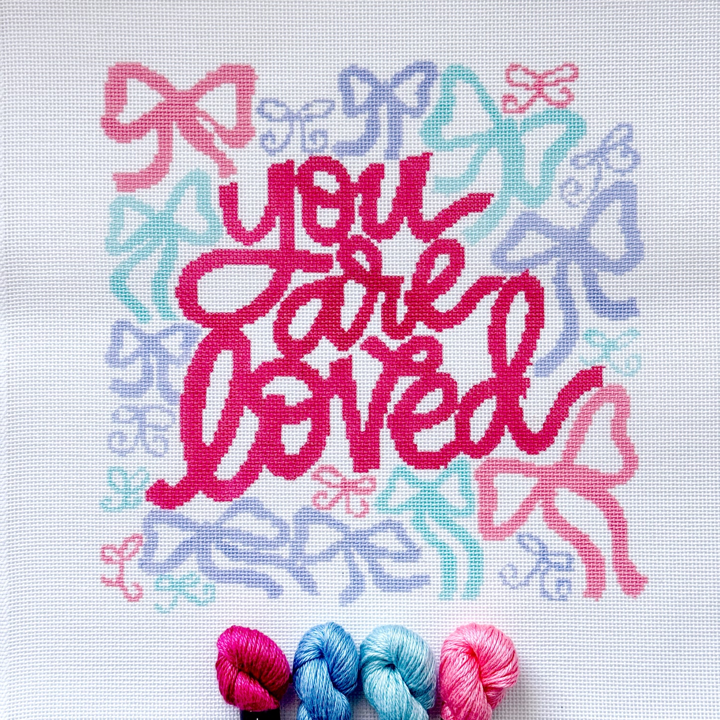 You Are Loved Needlepoint Canvas – 18 Mesh Zweigart Mono Deluxe, 8x8.2" Design on 12x12.2" Hand-Painted Pastel Bow Quote