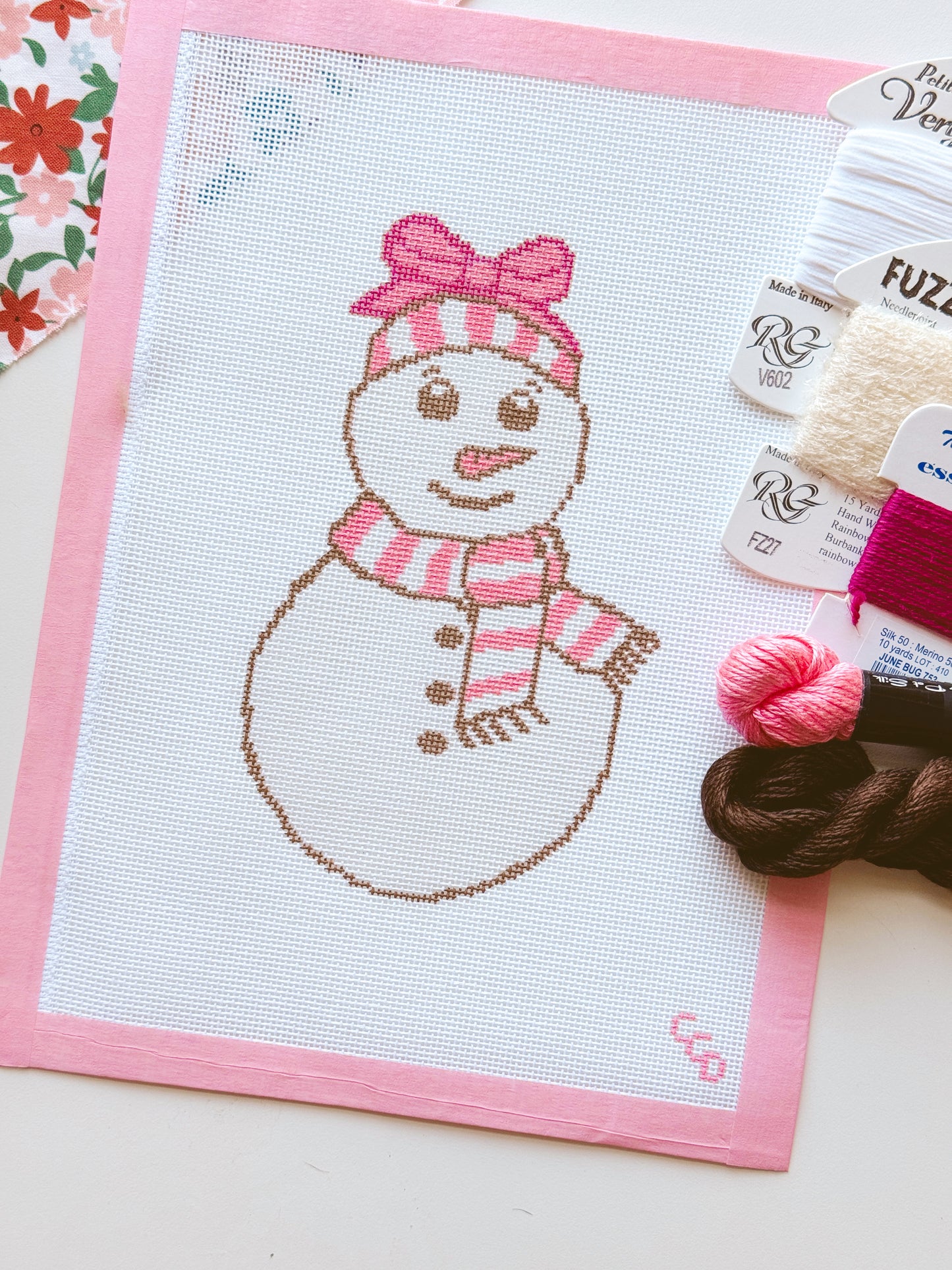 Pink Snowman Needlepoint Canvas 18 Mesh 4”x7” Design, Modern Winter Snowman Needlepoint