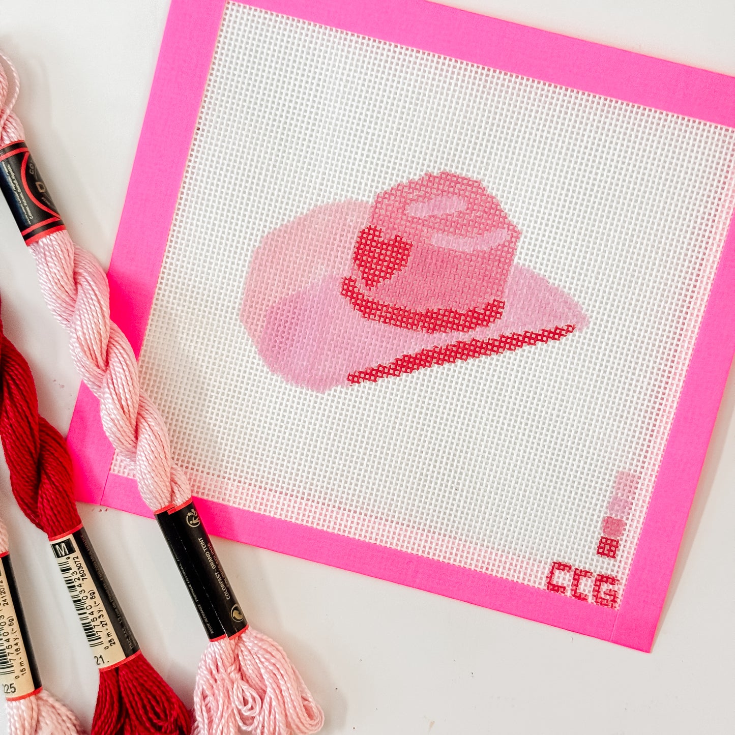 Hand-Painted Pink Cowgirl Hat Needlepoint Canvas | 3” Canvas | 18 Mesh Southern Charm Design