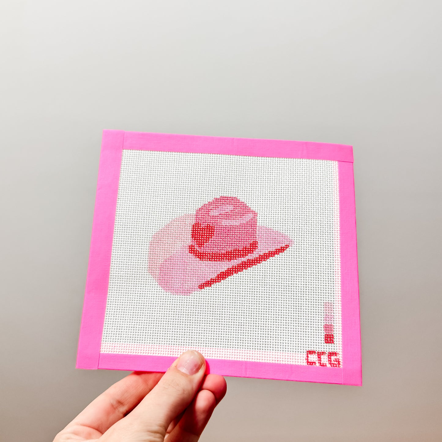 Hand-Painted Pink Cowgirl Hat Needlepoint Canvas | 3” Canvas | 18 Mesh Southern Charm Design