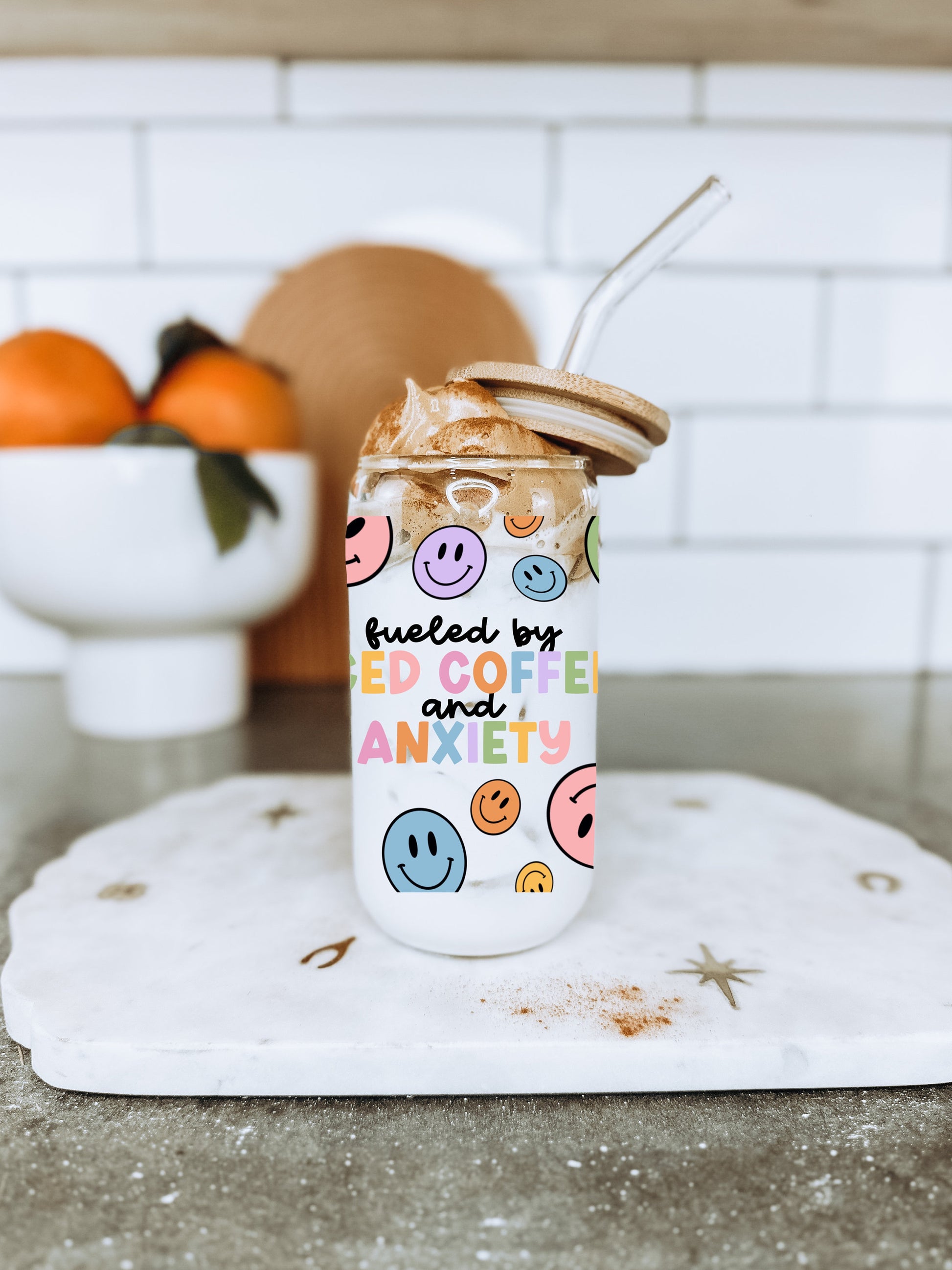 Fueled By Iced Coffee and Anxiety Retro Libbey Glass 16oz Cup Wrap SVG, Smiley Cup Wrap PNG, Libbey SVG Designs