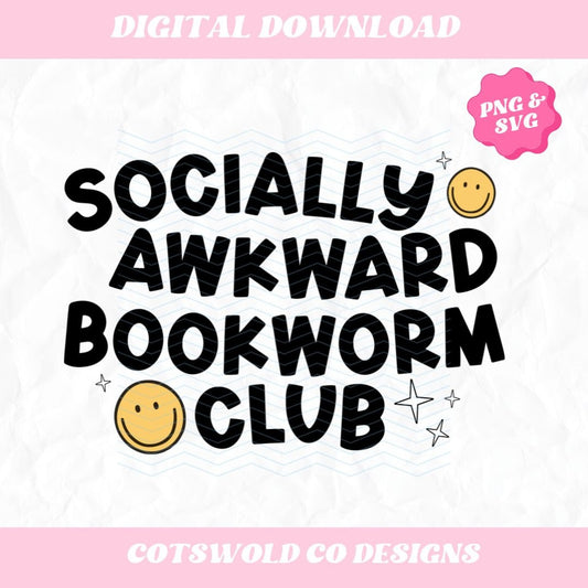 Socially Awkward Bookworm Club PNG SVG | Bookish Design PNG | Funny Retro Reading png svg