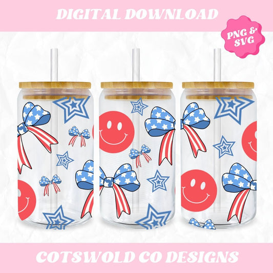 4th of July Bows Smiley Coquette Libbey Glass 16oz Cup Wrap SVG, Coquette Patriotic Cup Wrap PNG, Libbey SVG Designs