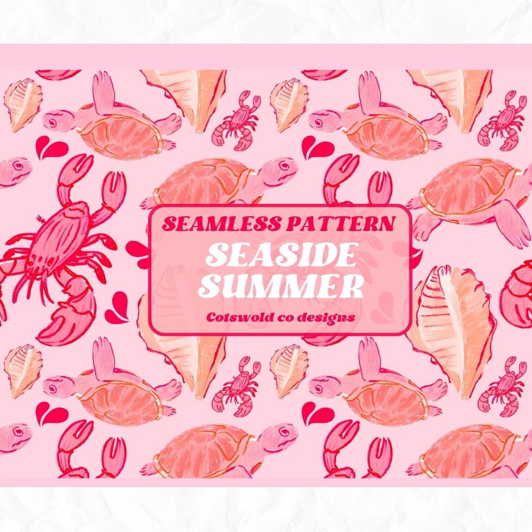 Summer Watercolor Pink Seamless Pattern, Sealife Seamless Pattern, Aesthetic Patterns PNG