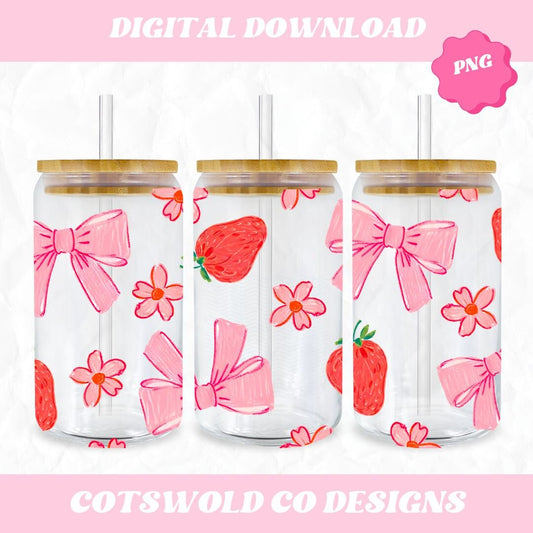 Bow and Strawberries Libbey Glass 16oz Cup Wrap SVG, Coquette Cup Wrap PNG, Libbey SVG Designs