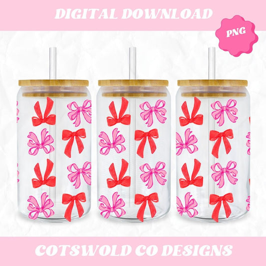 Pink Red Bows Libbey Glass 16oz Cup Wrap SVG, Coquette Cup Wrap PNG, Libbey SVG Designs
