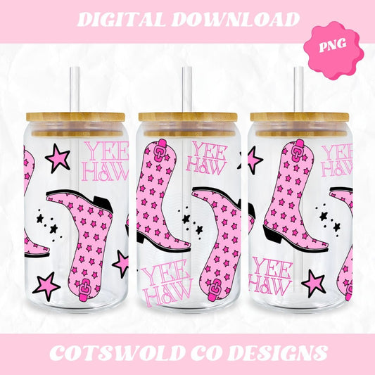 Pink Western Cowgirl Boots Libbey Glass 16oz Cup Wrap SVG, Western Cup Wrap PNG, Libbey SVG Designs