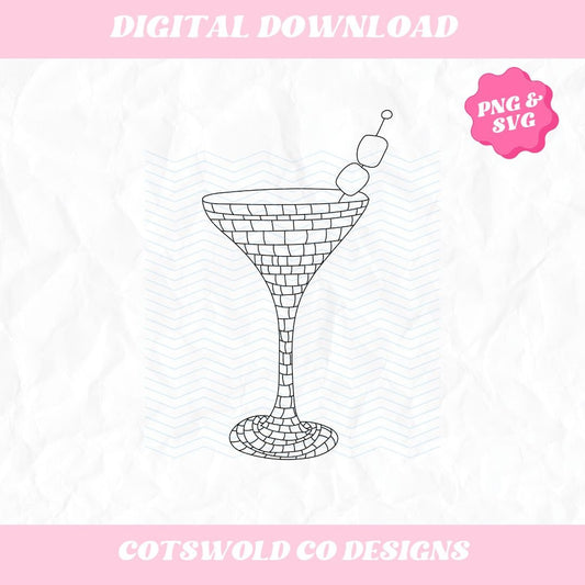 Disco Martini Aesthetic Hand Drawn Clipart Aesthetic PNG SVG, Martini doodle illustration, martini Clipart, disco ball illustration