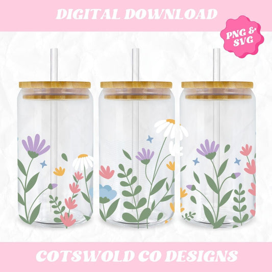 Spring Flowers 16oz Glass Can Cup Wrap PNG SVG, Spring Cup Wrap Design Commercial Use, 16oz Can Design png svg