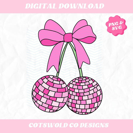 Cherry Disco Ball Bow PNG SVG, Coquette Disco Design, Coquette Bows Disco Ball PNG