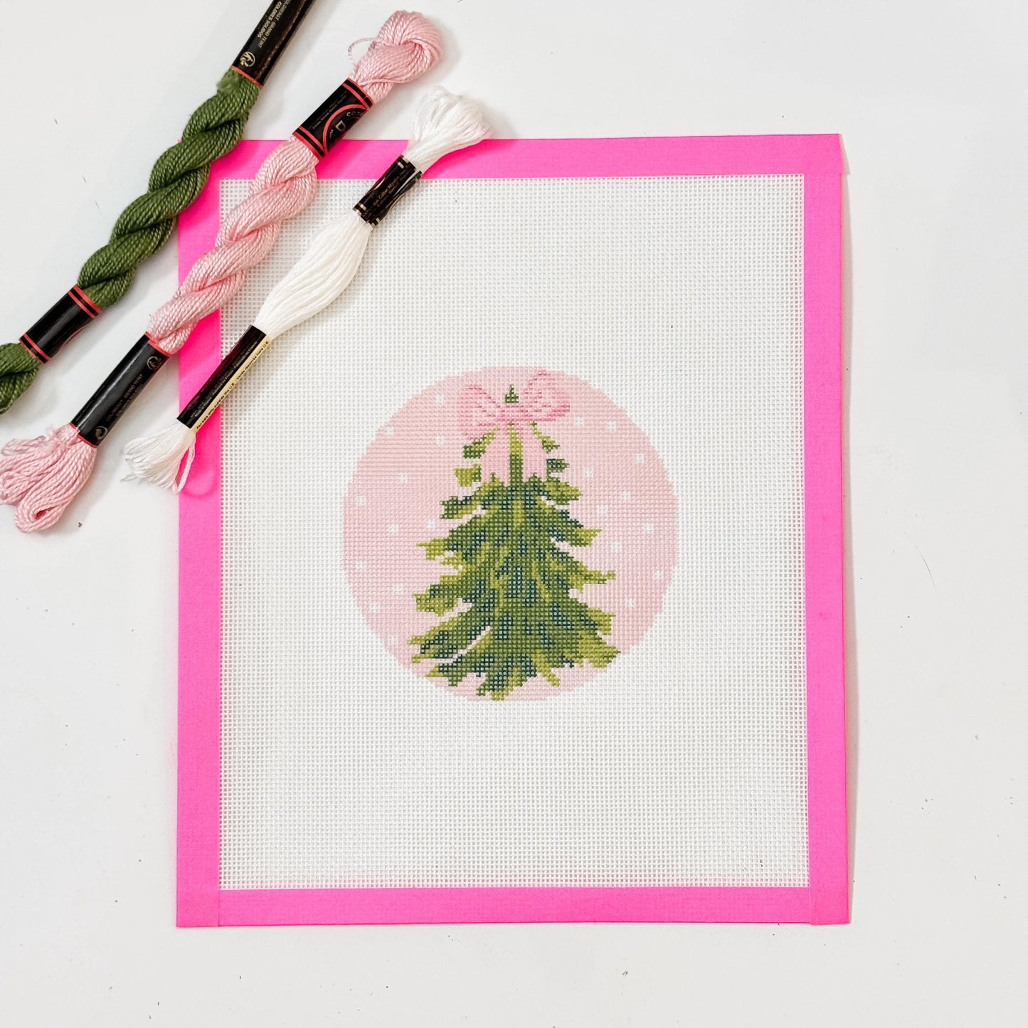 Hand Painted Bow Christmas Tree 4” Needlepoint Ornament Canvas 18 Mesh Christmas Needlepoint Ornament Bow Hand Painted