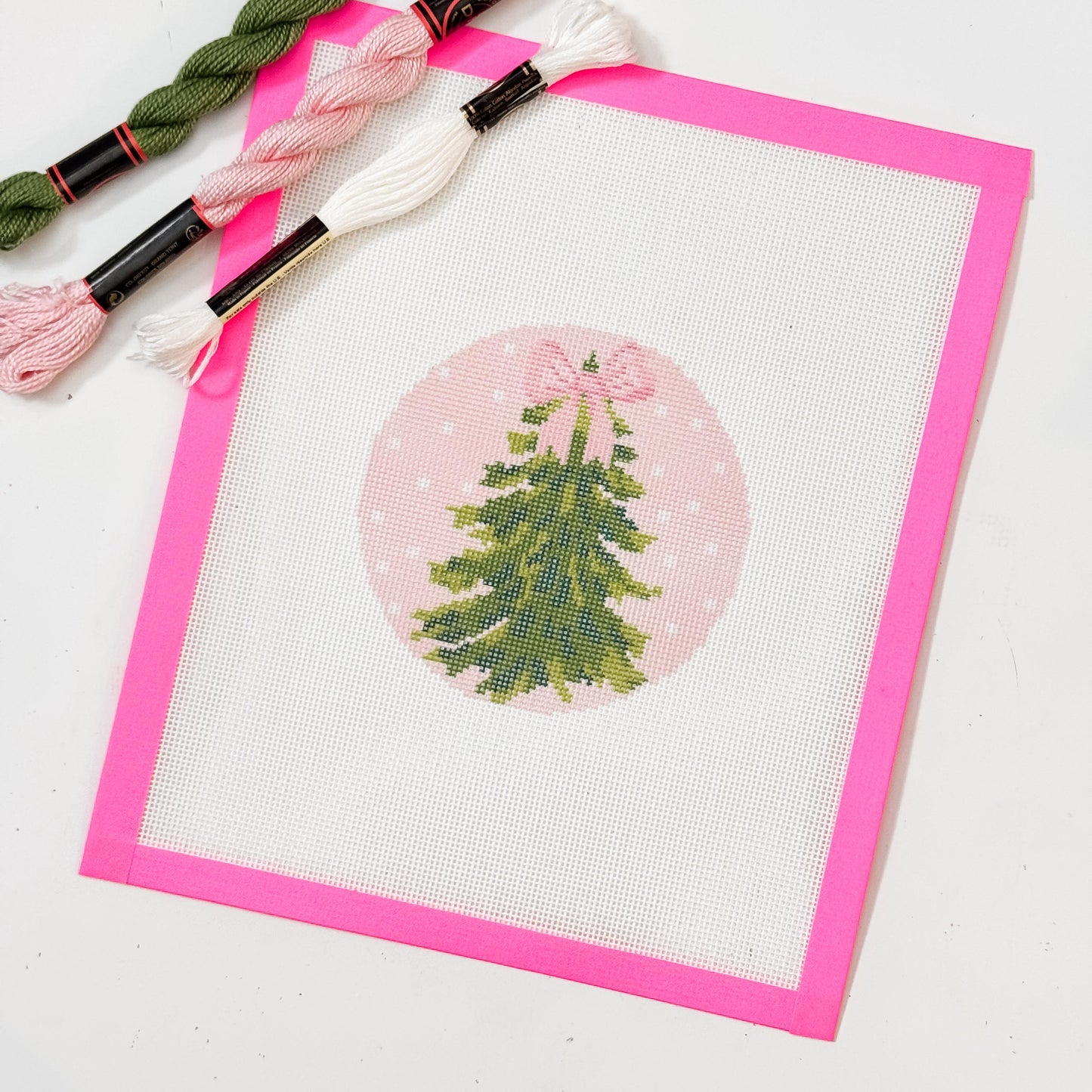 Hand Painted Bow Christmas Tree 4” Needlepoint Ornament Canvas 18 Mesh Christmas Needlepoint Ornament Bow Hand Painted