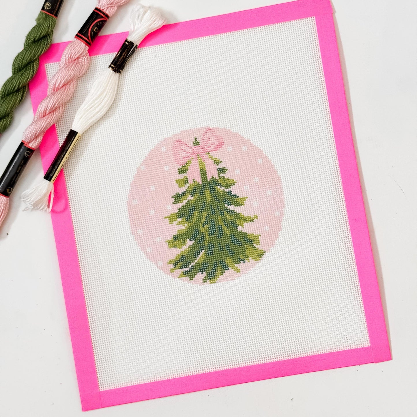 Hand Painted Bow Christmas Tree 4” Needlepoint Ornament Canvas 18 Mesh Christmas Needlepoint Ornament Bow Hand Painted