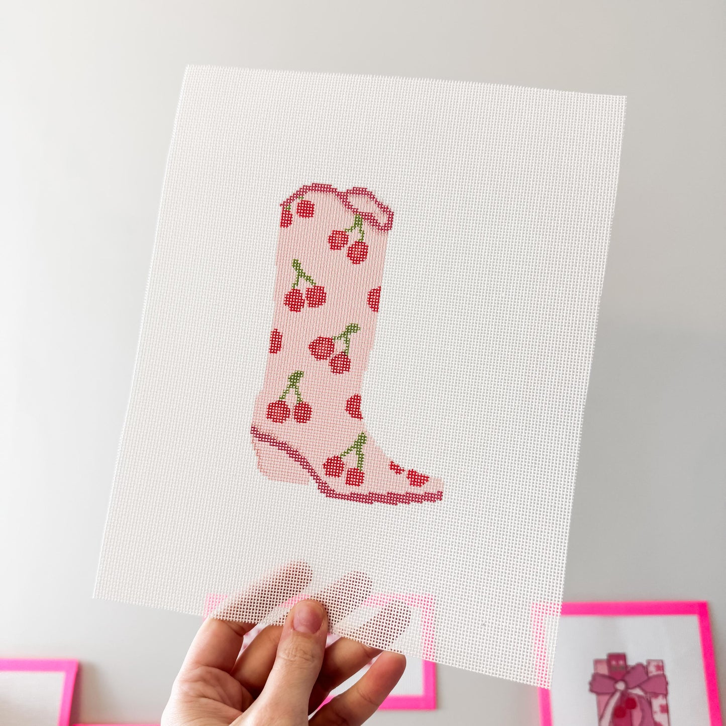 Hand Painted Cherry Cowgirl Boot 6” Needlepoint Canvas 18 Mesh Cowboy Boot Needlepoint Canvas modern Hand Painted