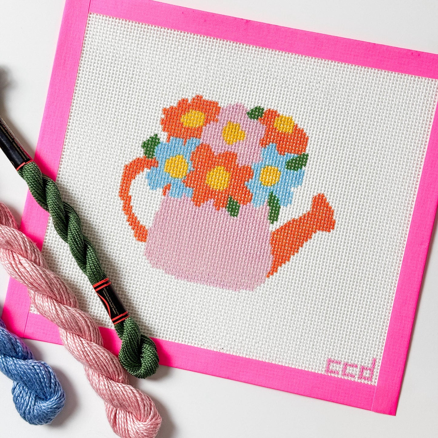 Flower Watering Can Spring Needlepoint Canvas 13 Mesh 5” Design, Spring Needlepoint Canvas modern Hand Painted