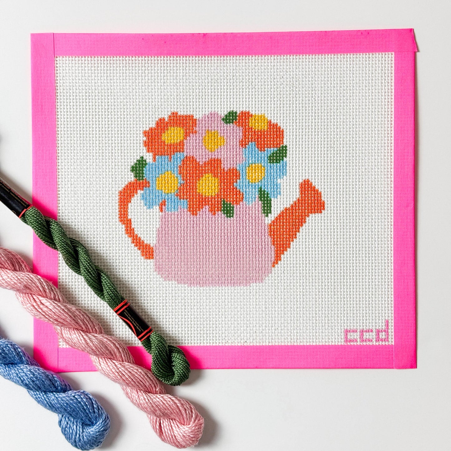 Flower Watering Can Spring Needlepoint Canvas 13 Mesh 5” Design, Spring Needlepoint Canvas modern Hand Painted