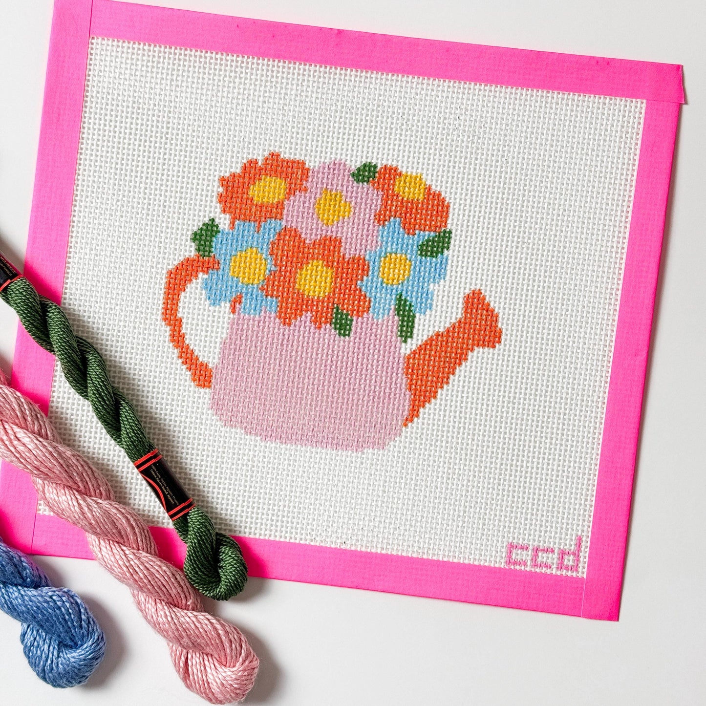 Flower Watering Can Spring Needlepoint Canvas 13 Mesh 5” Design, Spring Needlepoint Canvas modern Hand Painted