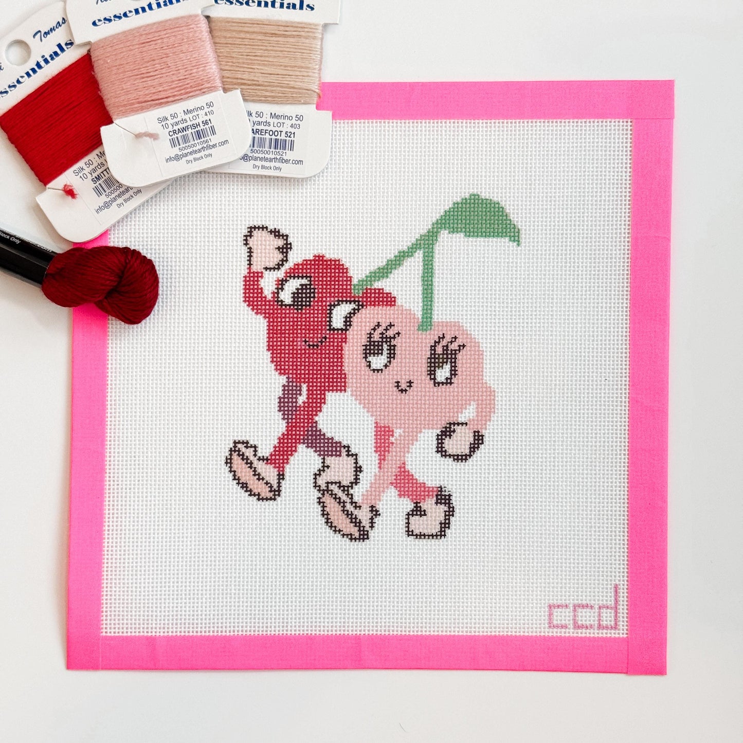 Retro Cherry Buddies Needlepoint Canvas Hand Painted, Cherry 18 Mesh 5" Design Needlepoint Canvas, Modern Needlepoint Canvas