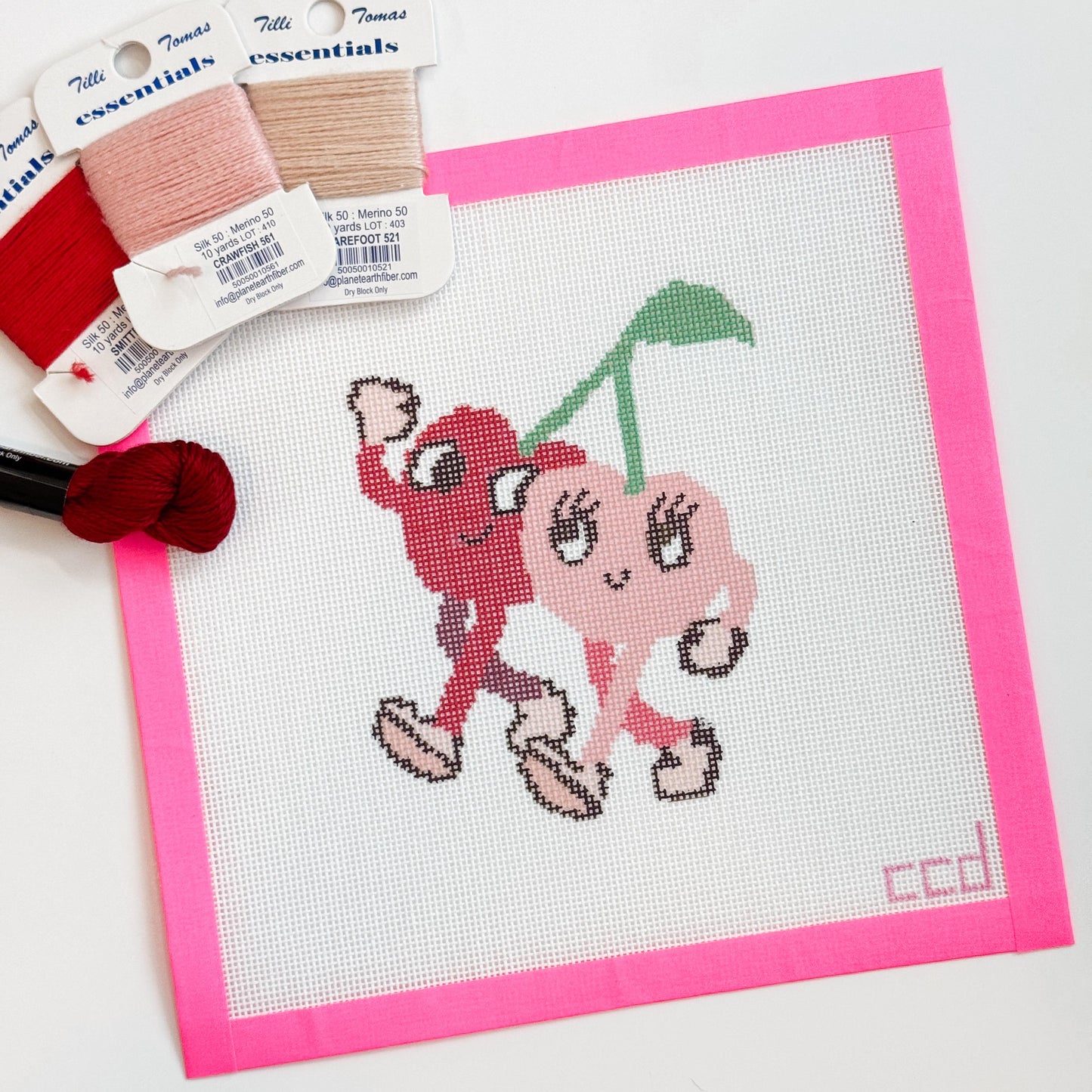 Retro Cherry Buddies Needlepoint Canvas Hand Painted, Cherry 18 Mesh 5" Design Needlepoint Canvas, Modern Needlepoint Canvas