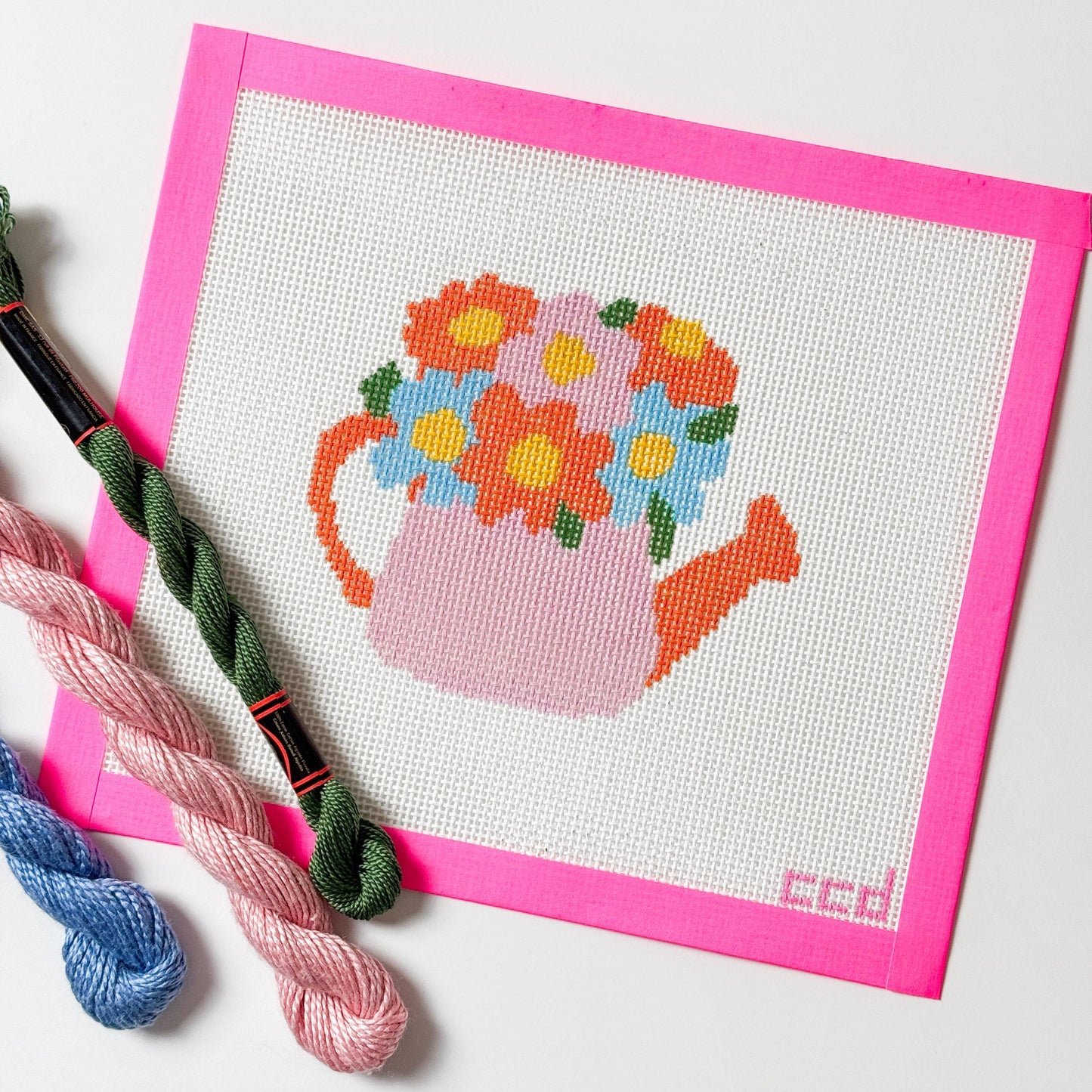 Flower Watering Can Spring Needlepoint Canvas 13 Mesh 5” Design, Spring Needlepoint Canvas modern Hand Painted