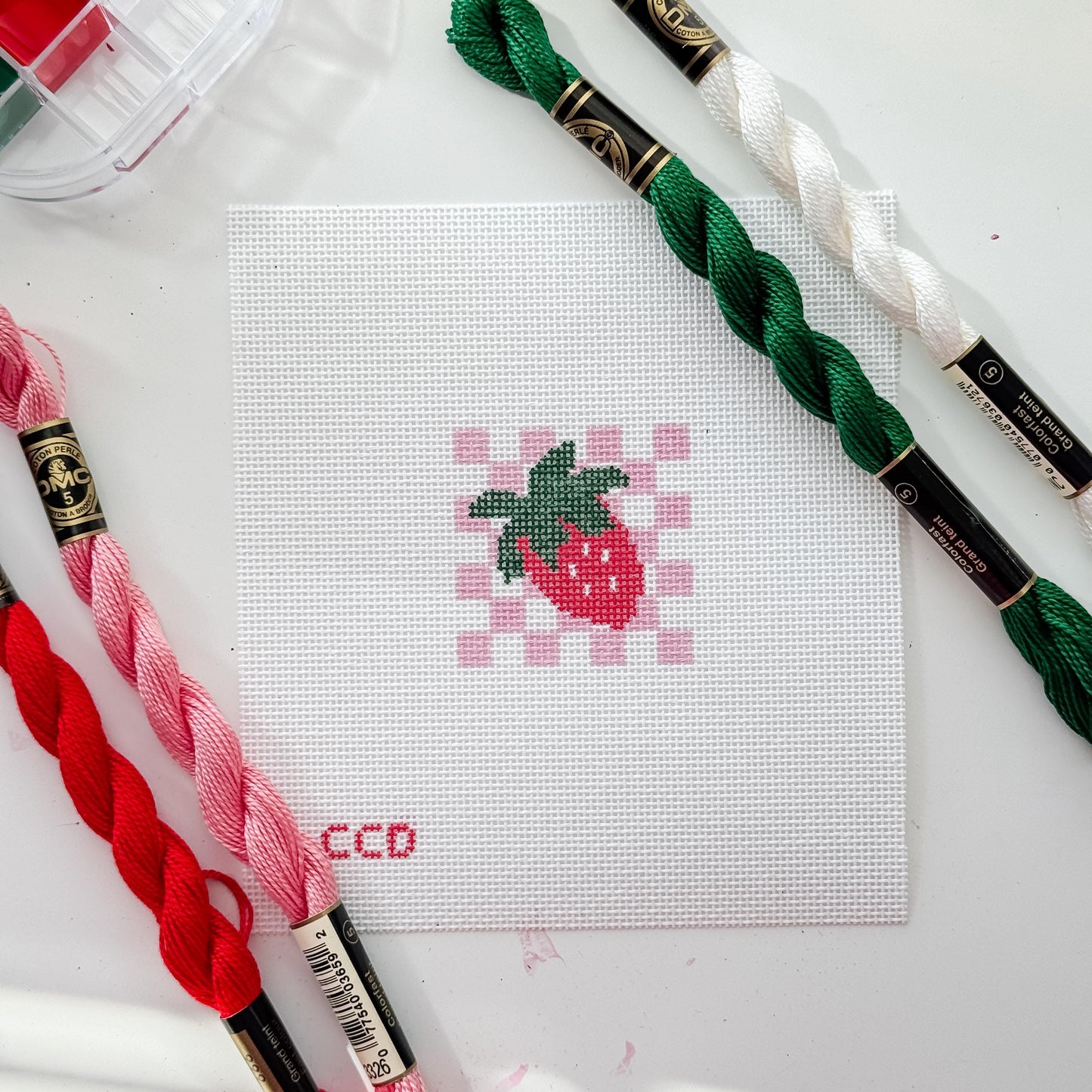 Hand Painted Strawberry Checkered 2” Needlepoint Canvas 18 Mesh Coquette Needlepoint Canvas Summer Hand Painted