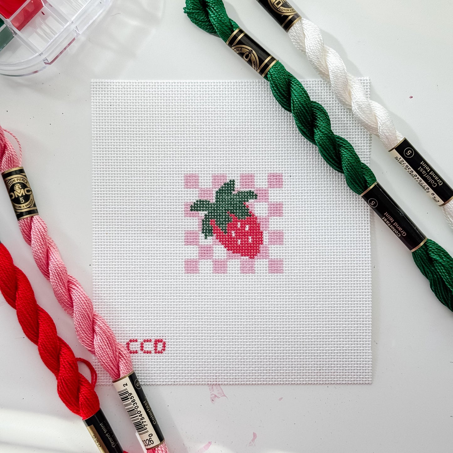 Hand Painted Strawberry Checkered 2” Needlepoint Canvas 18 Mesh Coquette Needlepoint Canvas Summer Hand Painted