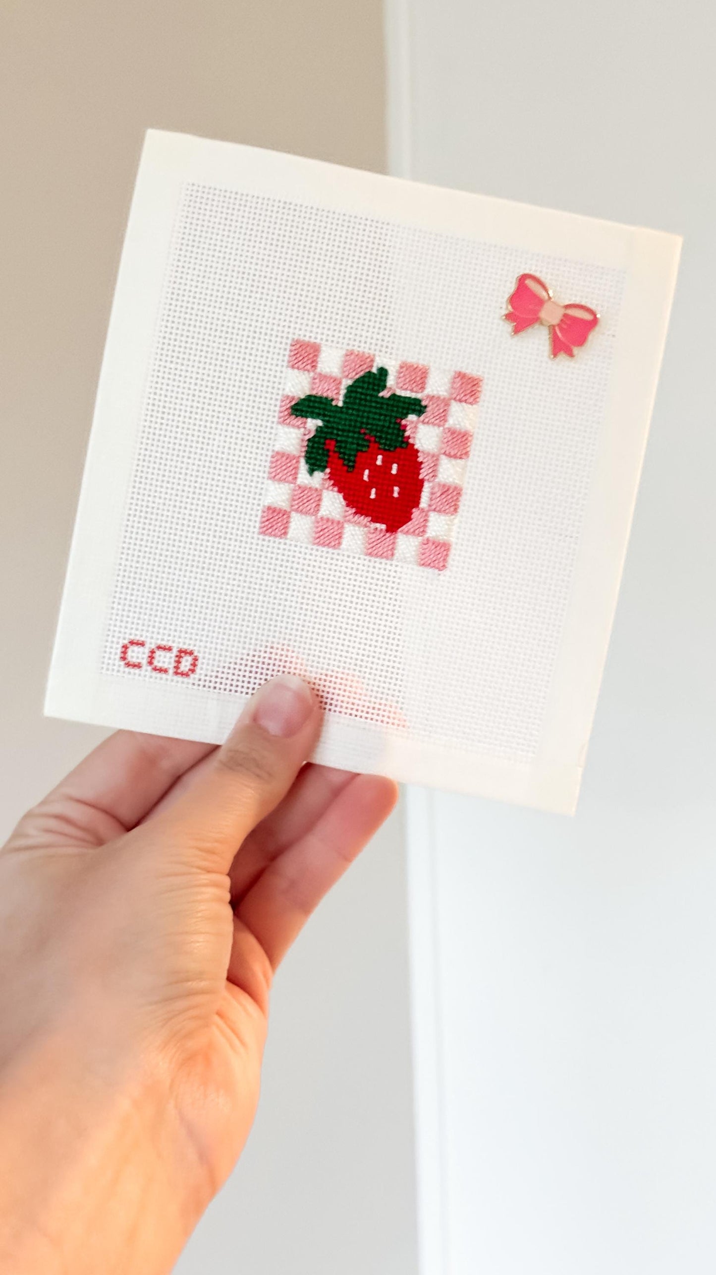Hand Painted Strawberry Checkered 2” Needlepoint Canvas 18 Mesh Coquette Needlepoint Canvas Summer Hand Painted