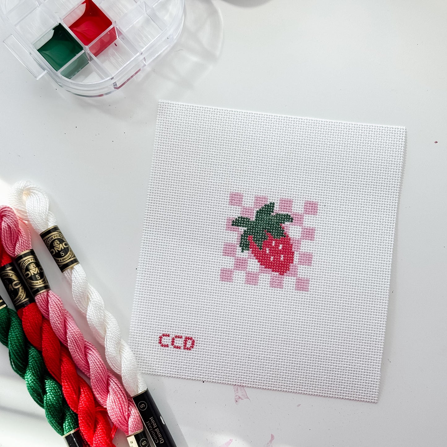 Hand Painted Strawberry Checkered 2” Needlepoint Canvas 18 Mesh Coquette Needlepoint Canvas Summer Hand Painted