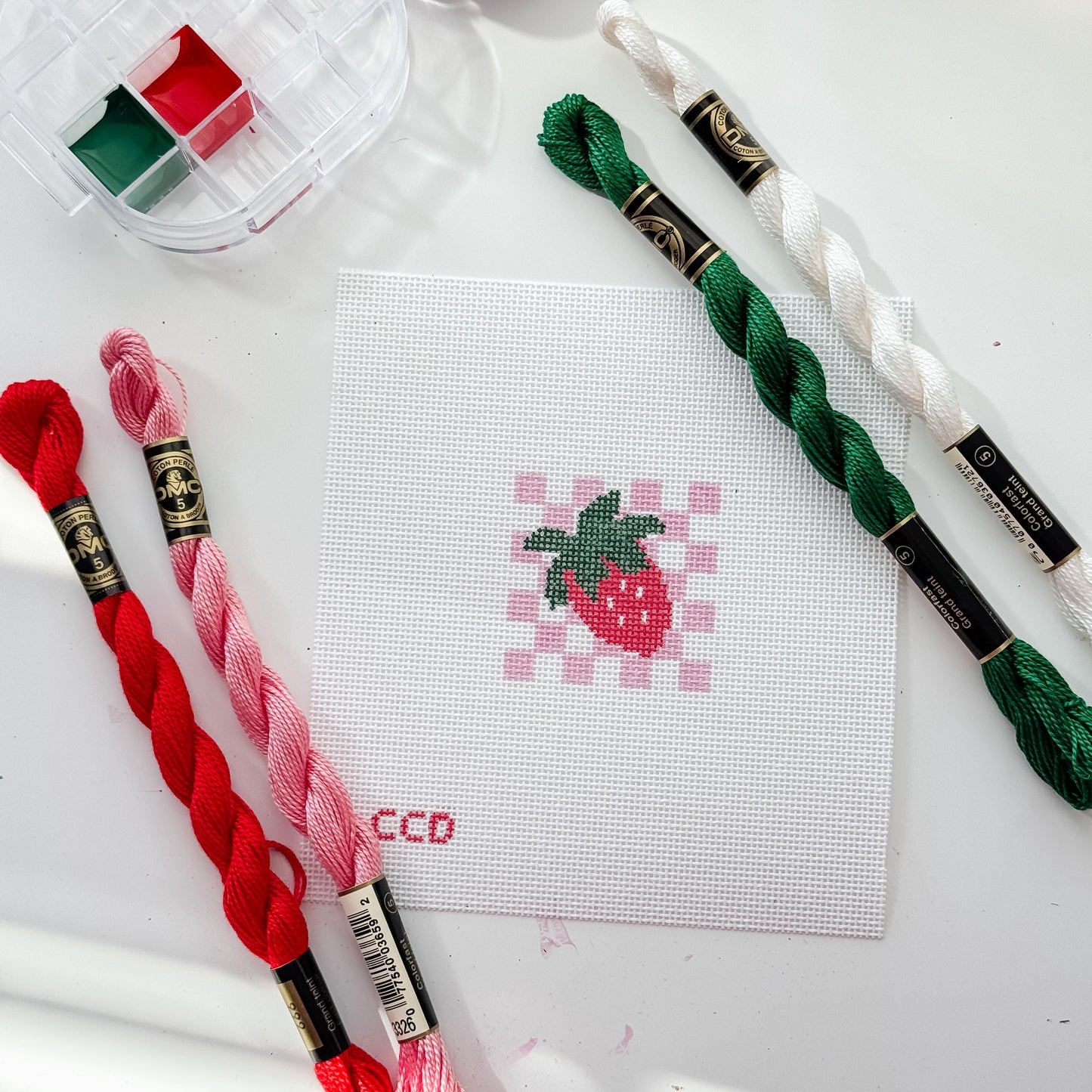 Hand Painted Strawberry Checkered 2” Needlepoint Canvas 18 Mesh Coquette Needlepoint Canvas Summer Hand Painted