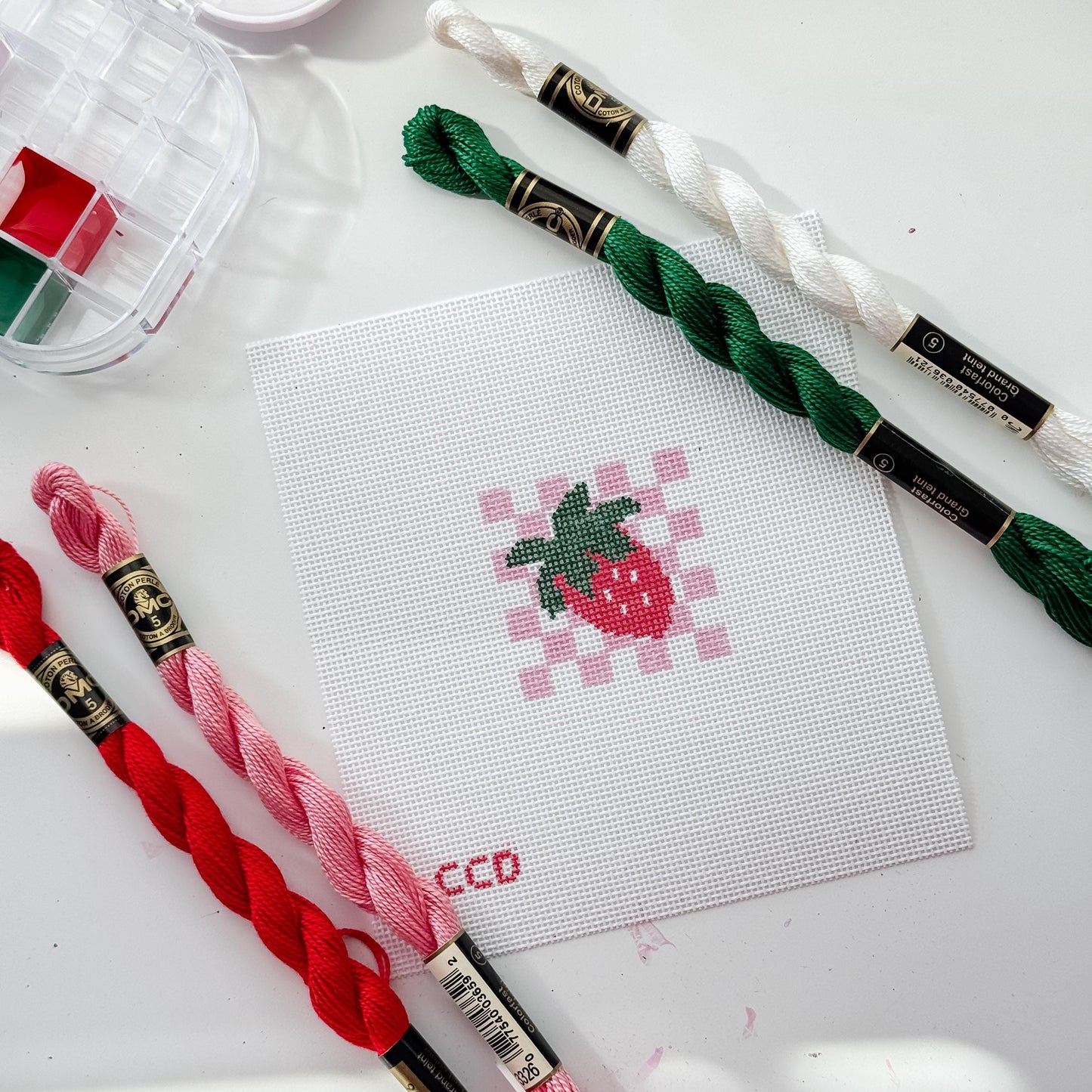 Hand Painted Strawberry Checkered 2” Needlepoint Canvas 18 Mesh Coquette Needlepoint Canvas Summer Hand Painted