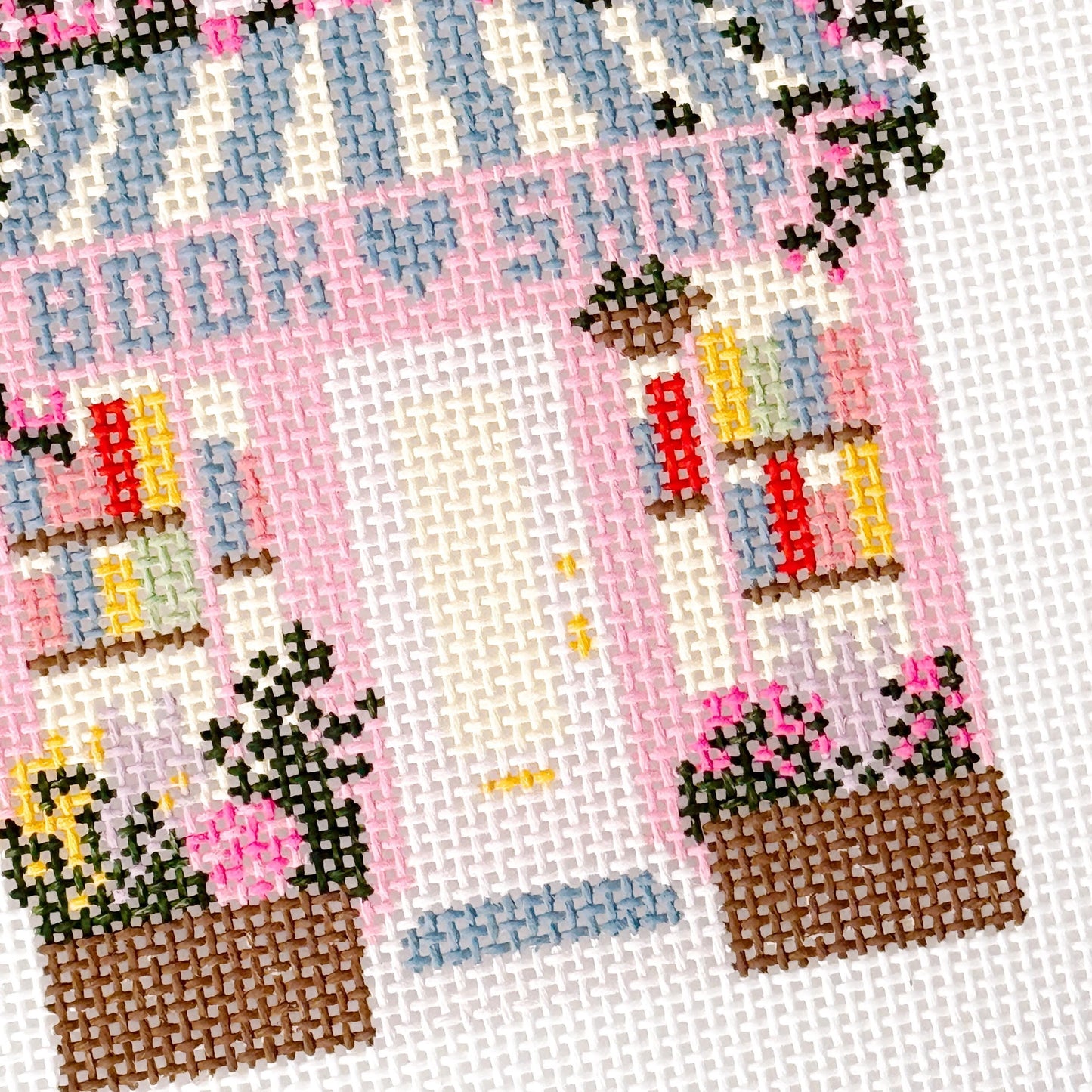 Ready to Ship Hand Painted Book Shop Storefront 6” Needlepoint Canvas 13 Mesh Reading Needlepoint Canvas Storefront Hand Painted