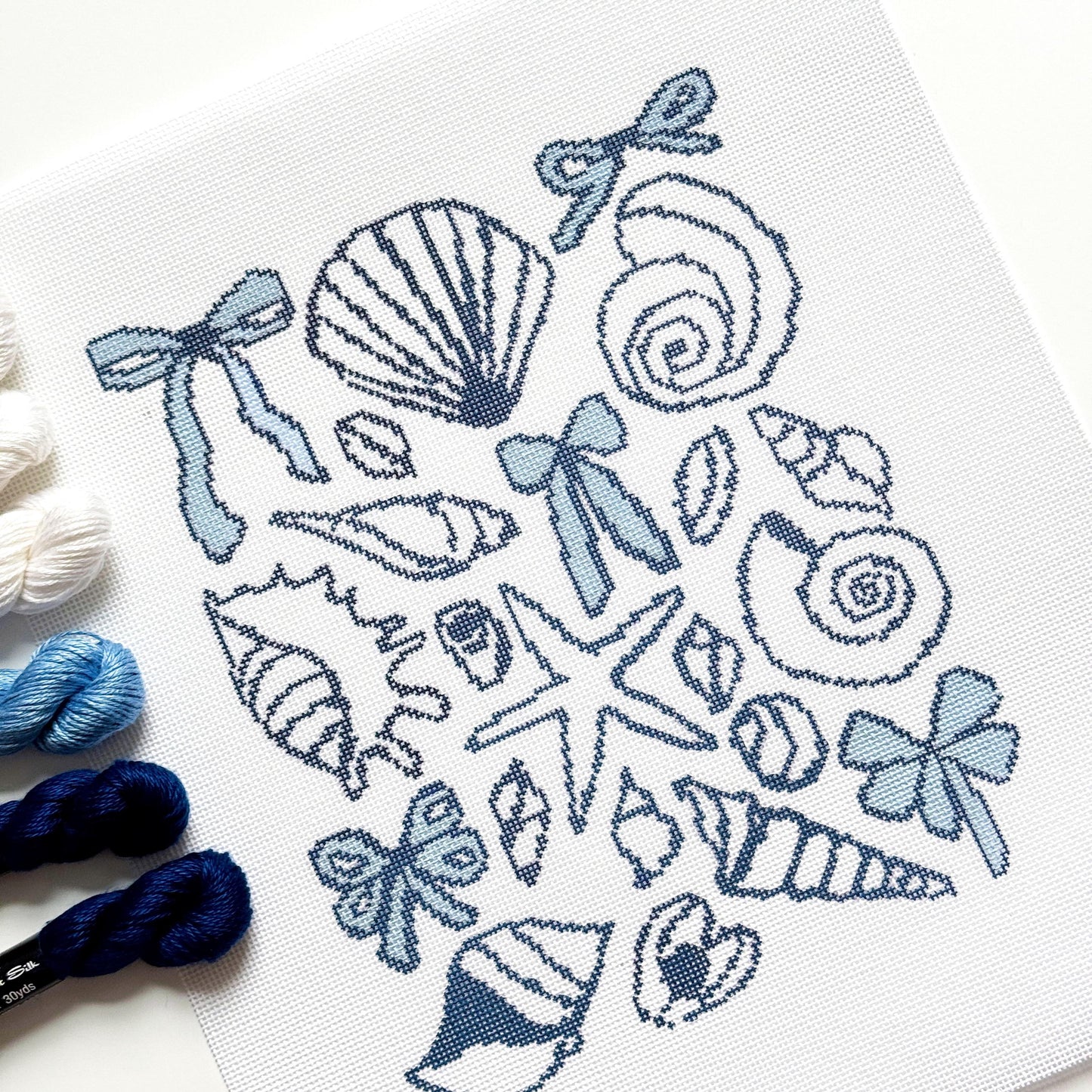 Blue Seashell & Bow Toile Needlepoint | 9″ Coastal Collage on 18-Mesh