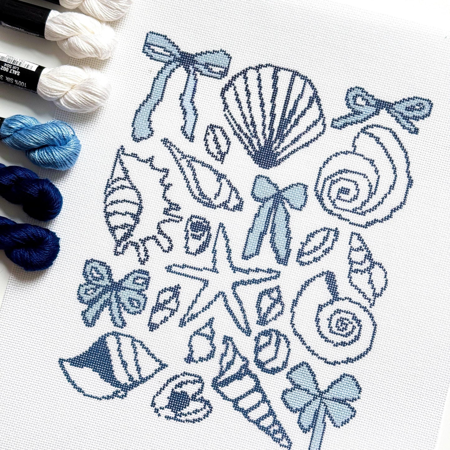 Blue Seashell & Bow Toile Needlepoint | 9″ Coastal Collage on 18-Mesh