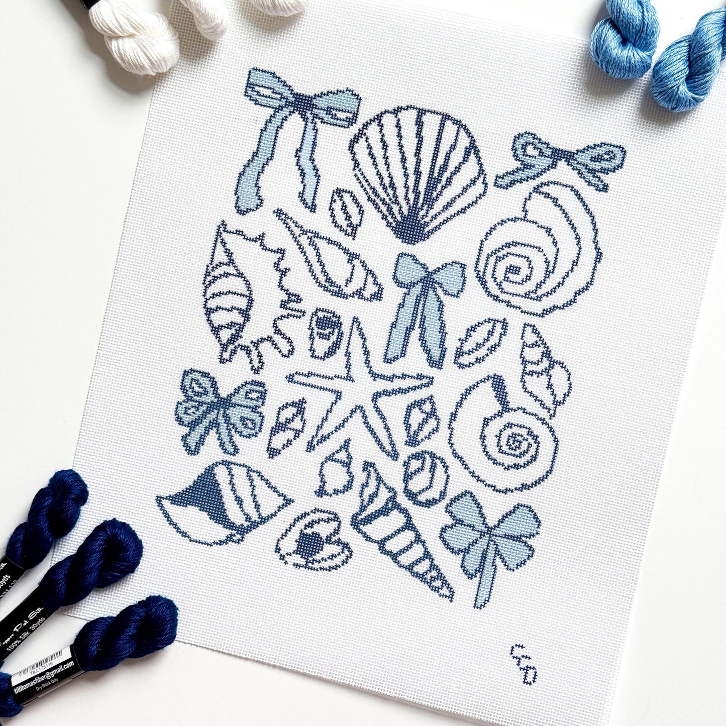 Blue Seashell & Bow Toile Needlepoint | 9″ Coastal Collage on 18-Mesh
